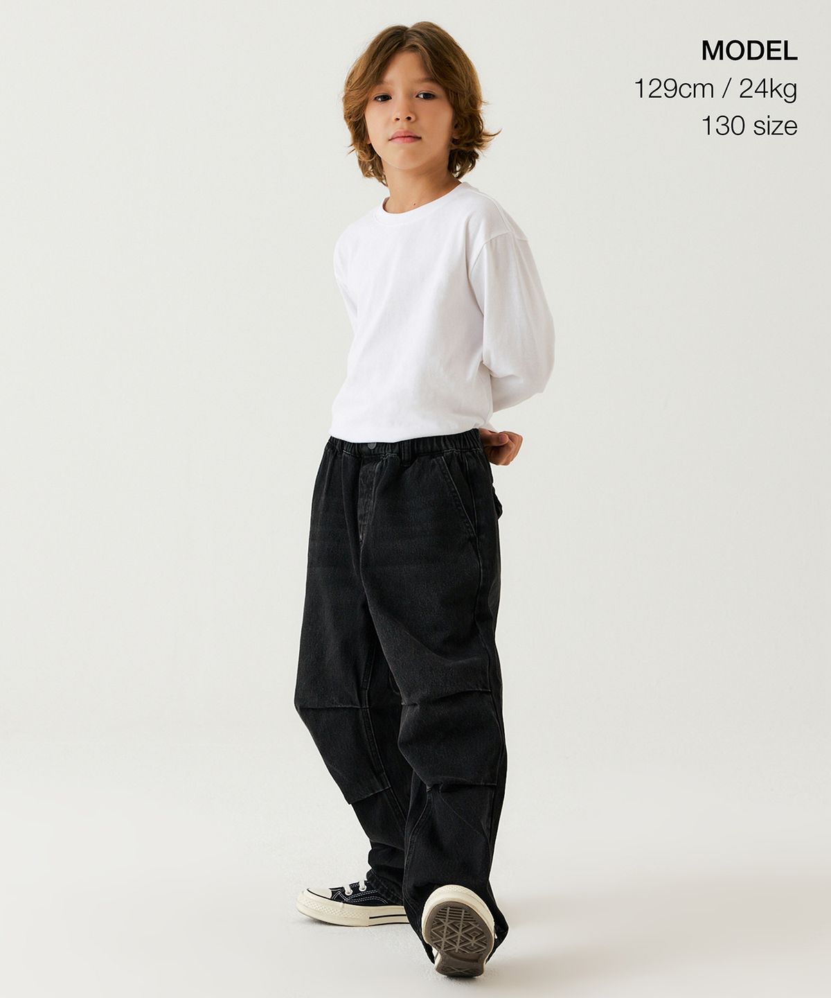 무신사 스탠다드 키즈(MUSINSA STANDARD KIDS) 데님 밴딩 파라슈트 팬츠 [워시드 블랙]