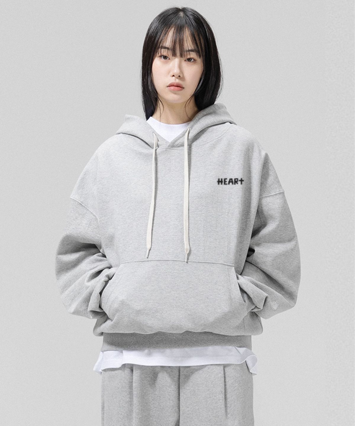 그랜피니(GRANFINNY) 오버핏 특양면 기모 토네이도 하트 벌룬 후디-멜란지