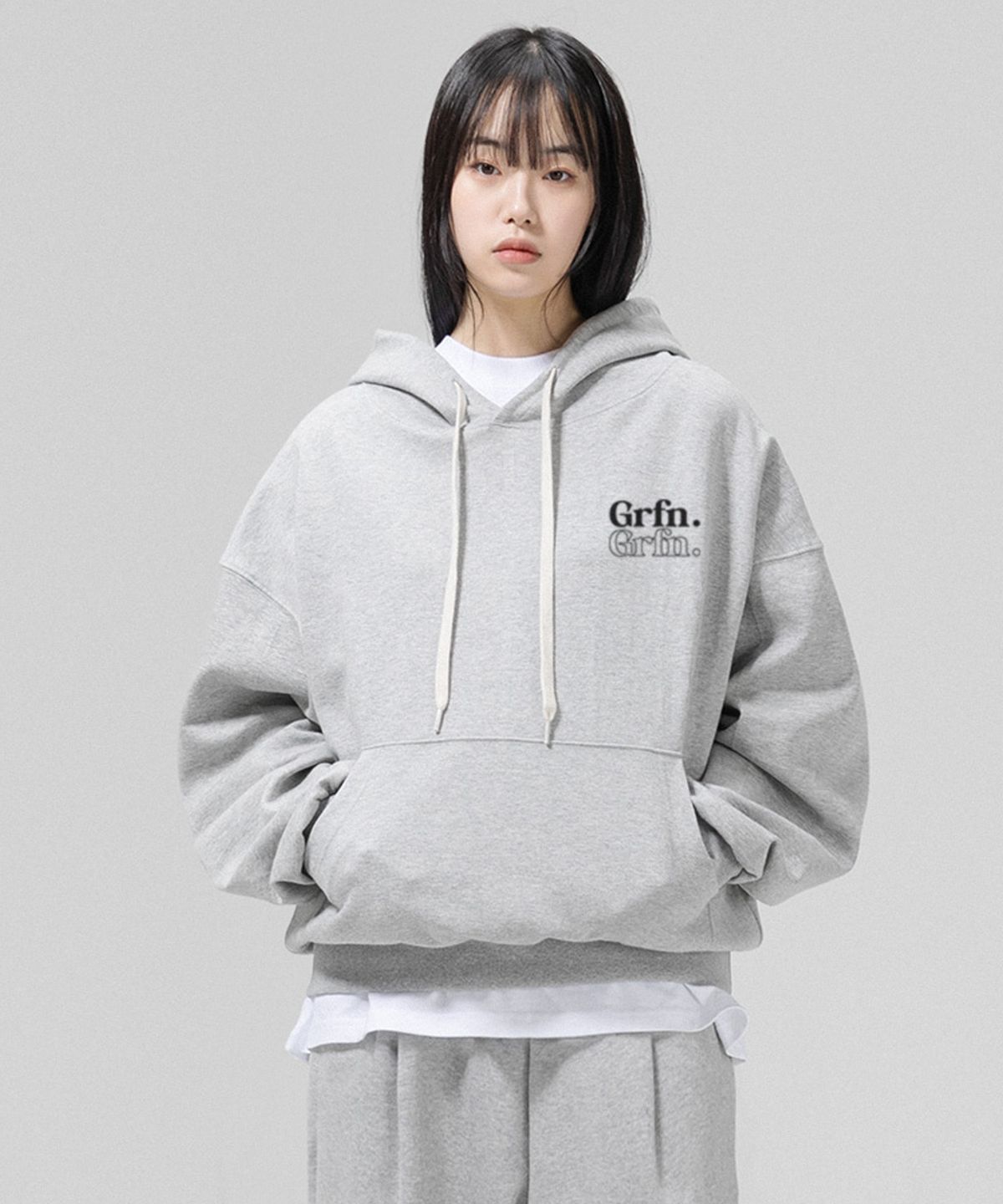 그랜피니(GRANFINNY) 오버핏 특양면 기모 페이스 오버 피어 벌룬 후디- 멜란지