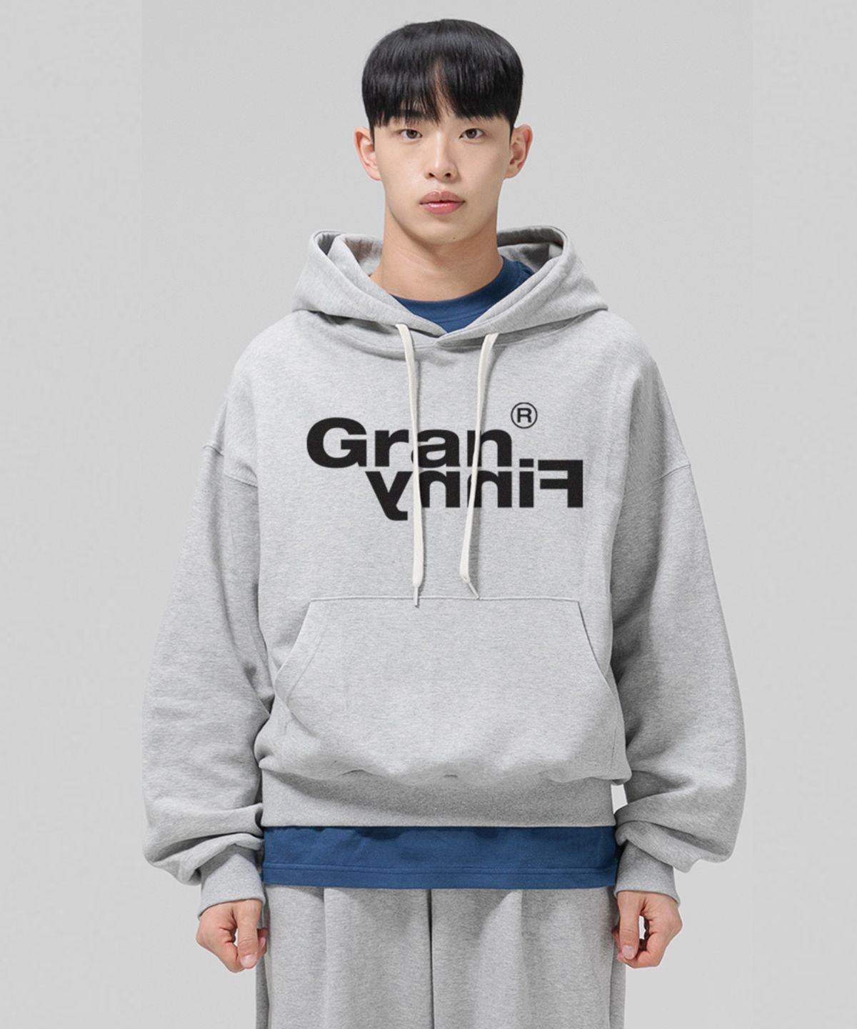 그랜피니(GRANFINNY) 오버핏 특양면 기모 오리지널 로고 벌룬 후디 - 멜란지