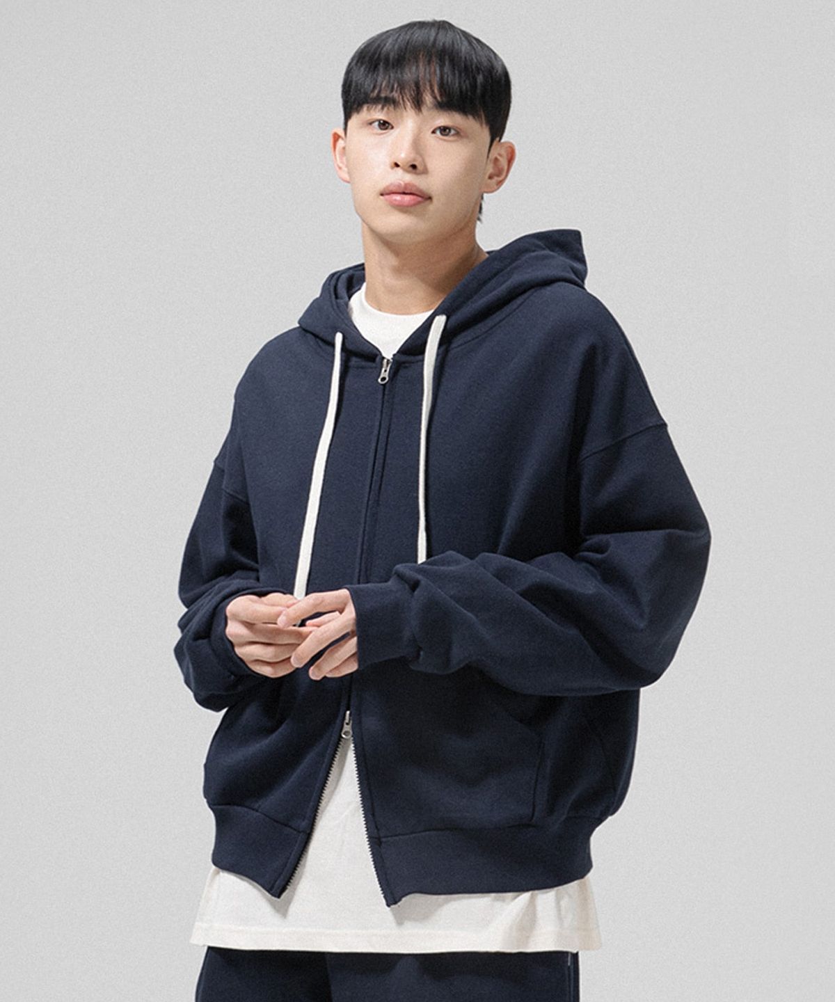 그랜피니(GRANFINNY) 오버핏 특양면 기모 투웨이 스웻 후드집업- 네이비