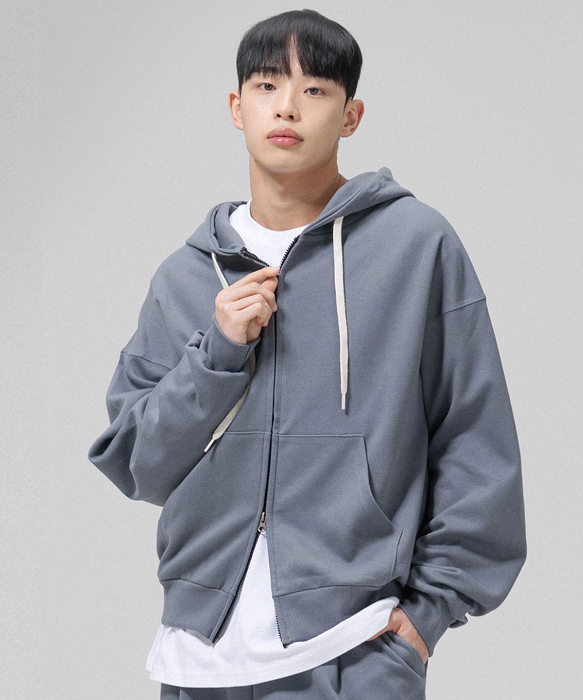 그랜피니(GRANFINNY) 오버핏 특양면 기모 투웨이 스웻 후드집업- 그레이