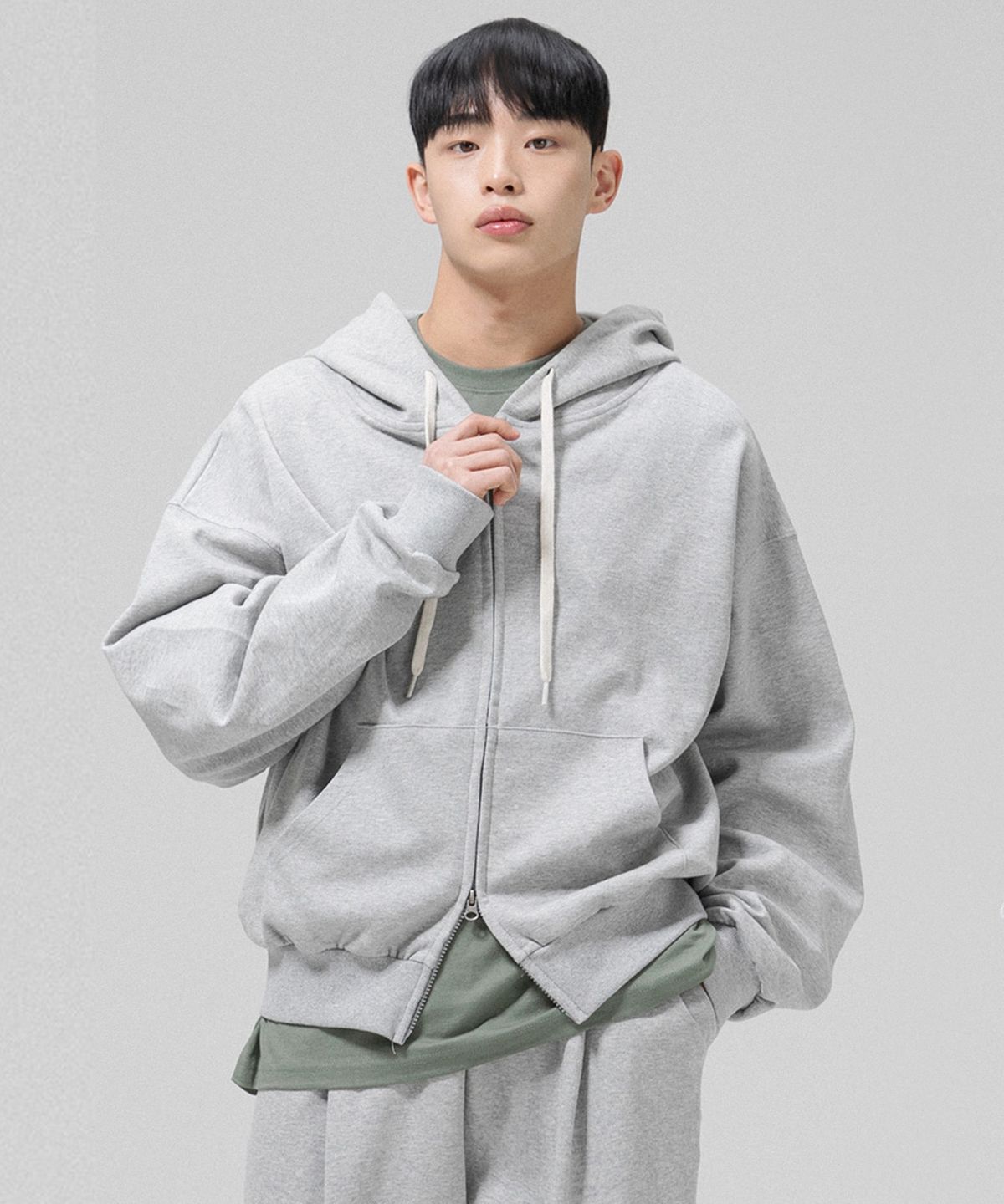 그랜피니(GRANFINNY) 오버핏 특양면 기모 투웨이 스웻 후드집업- 멜란지