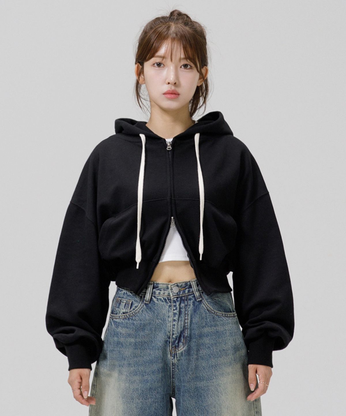 그랜피니(GRANFINNY) 오버핏 특양면 기모 프리미엄 무지 크롭 후드 집업 - 블랙