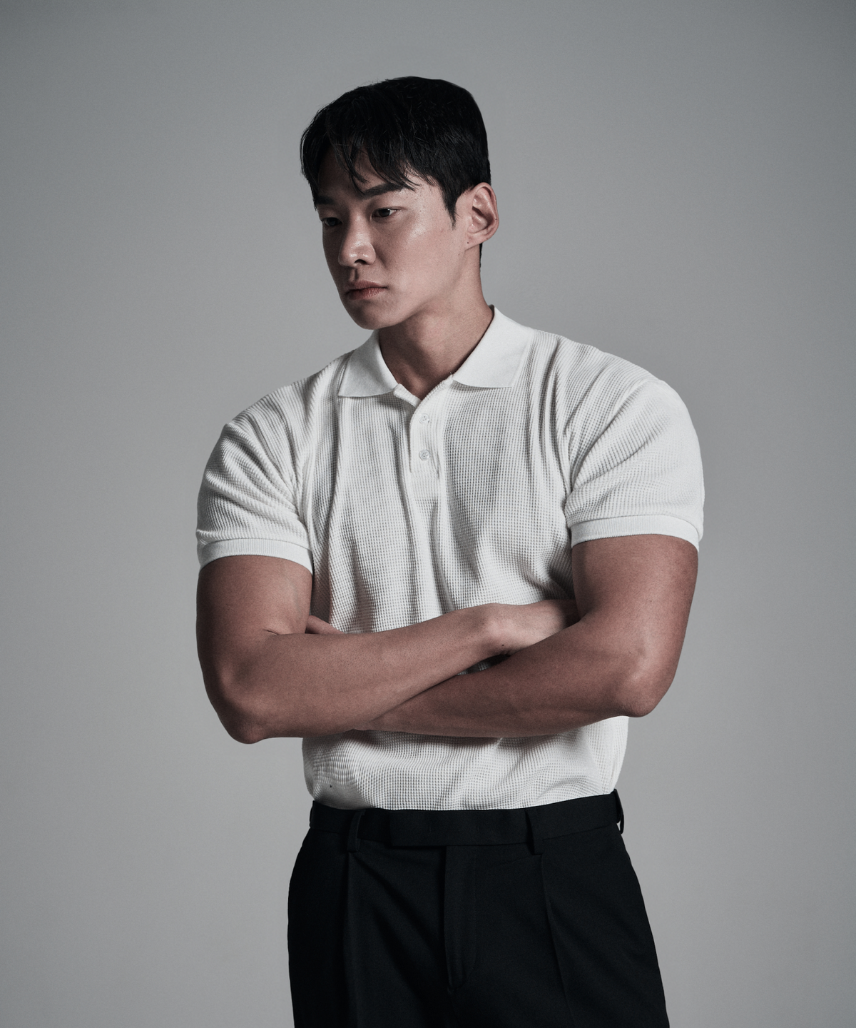 어센더(ASCENDER) 무지 와플 세미 크롭 머슬핏 카라티 2color