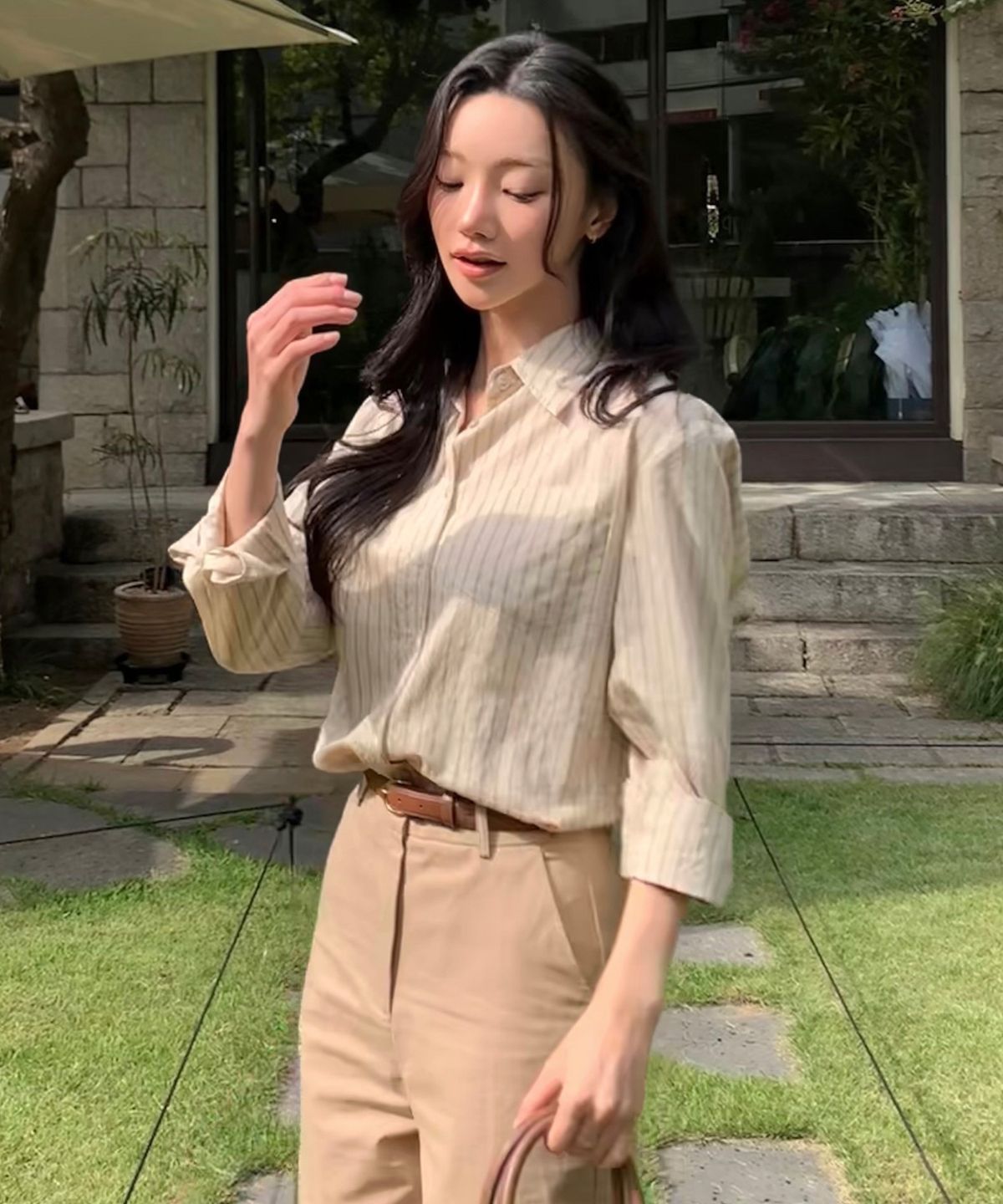 마인드브릿지 우먼(MIND BRIDGE WOMEN) [W]숄 레이어드 스트라이프 셔츠 - 2color