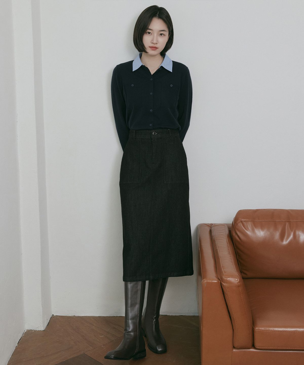 마인드브릿지 우먼(MIND BRIDGE WOMEN) [W]H라인 퍼티그 데님 스커트