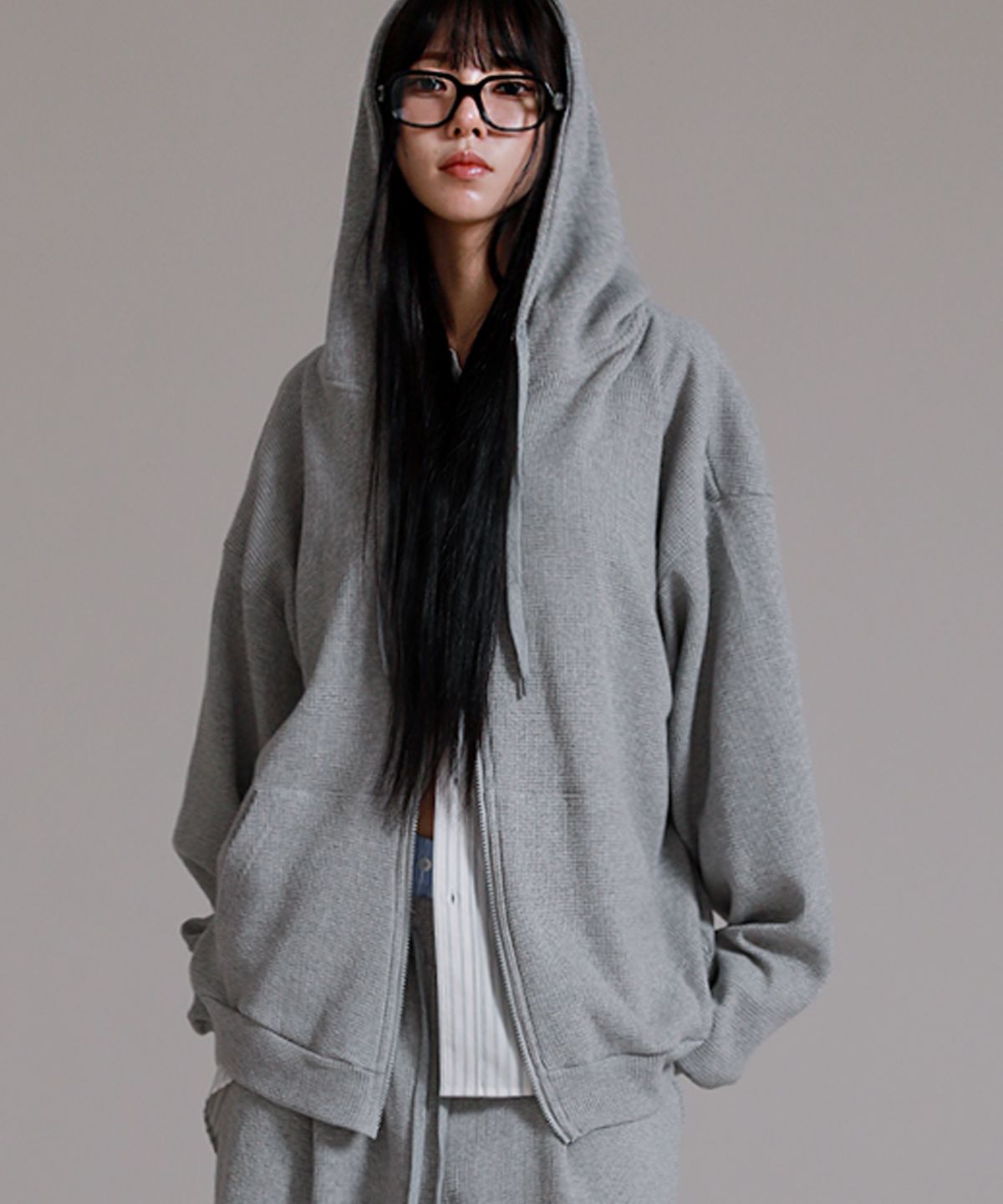라이크더모스트(LIKE THE MOST) 유니 와플 오버핏 후드 집업_그레이