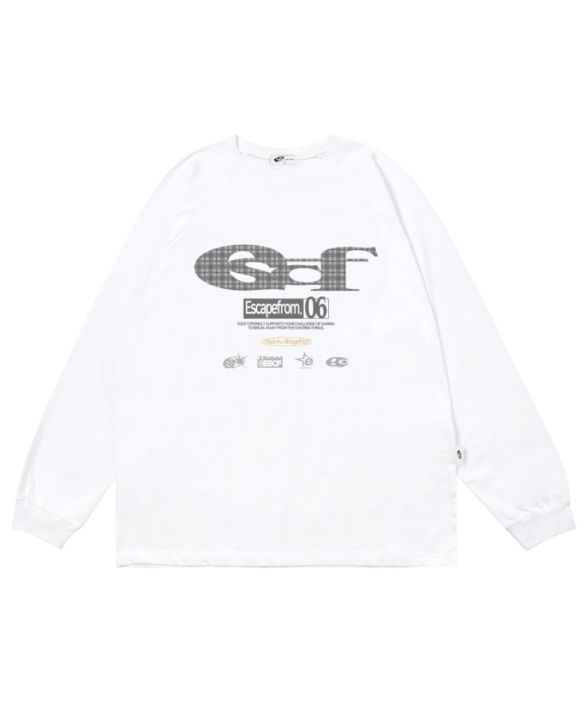 이스케이프프롬(ESCAPEFROM) 그레이 체크 ESCF 로고 콜라주 프린트 롱슬리브 [3color]