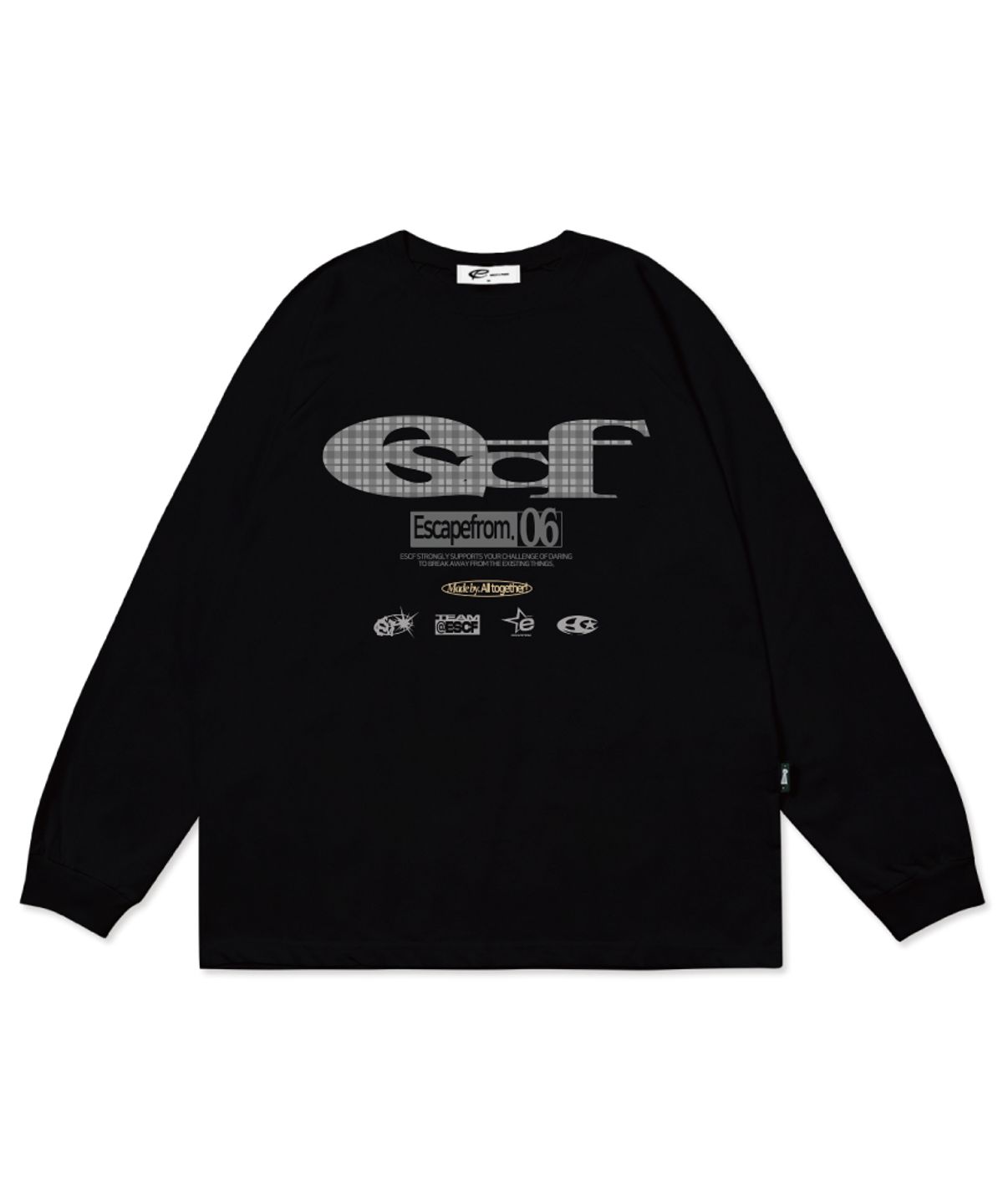 이스케이프프롬(ESCAPEFROM) 그레이 체크 ESCF 로고 콜라주 프린트 롱슬리브 [3color]