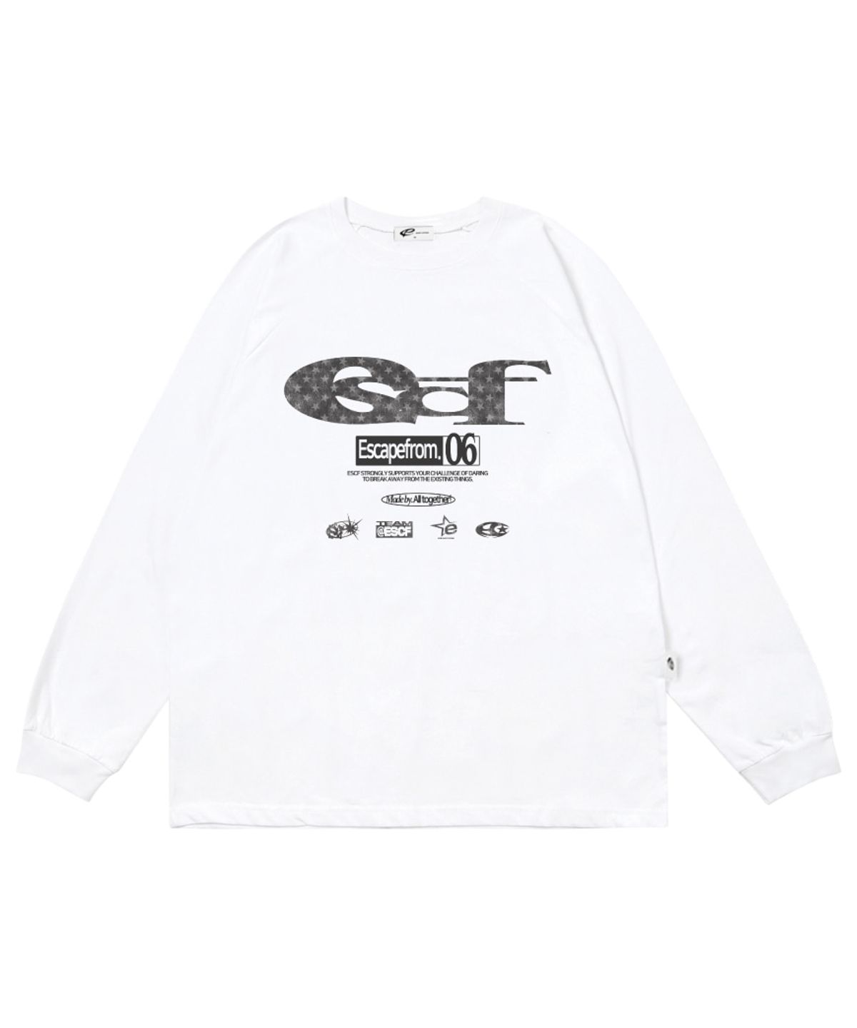 이스케이프프롬(ESCAPEFROM) 블랙 별 데님 ESCF 로고 콜라주 프린트 롱슬리브 [3color]