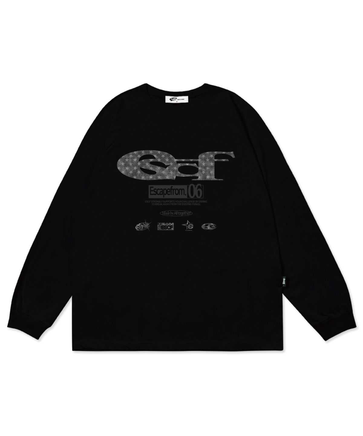 이스케이프프롬(ESCAPEFROM) 블랙 별 데님 ESCF 로고 콜라주 프린트 롱슬리브 [3color]