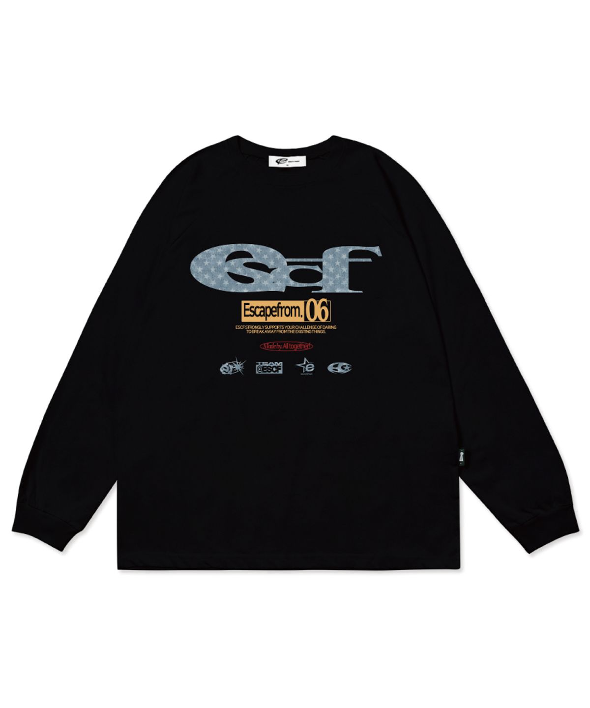 이스케이프프롬(ESCAPEFROM) 블루 별 데님 ESCF 로고 콜라주 프린트 롱슬리브 [3color]