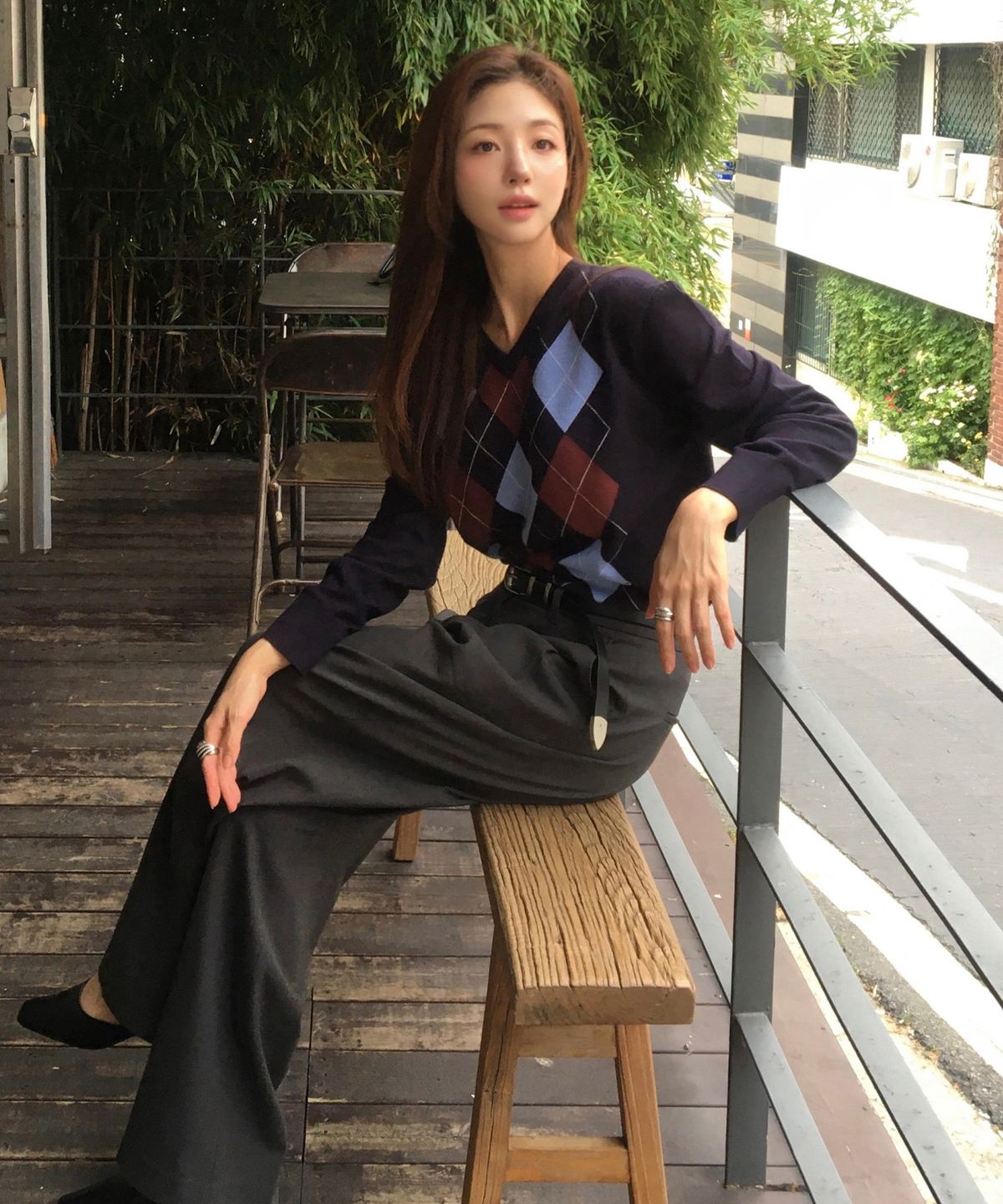 마인드브릿지 우먼(MIND BRIDGE WOMEN) [W]브이넥 아가일 니트 - 2color