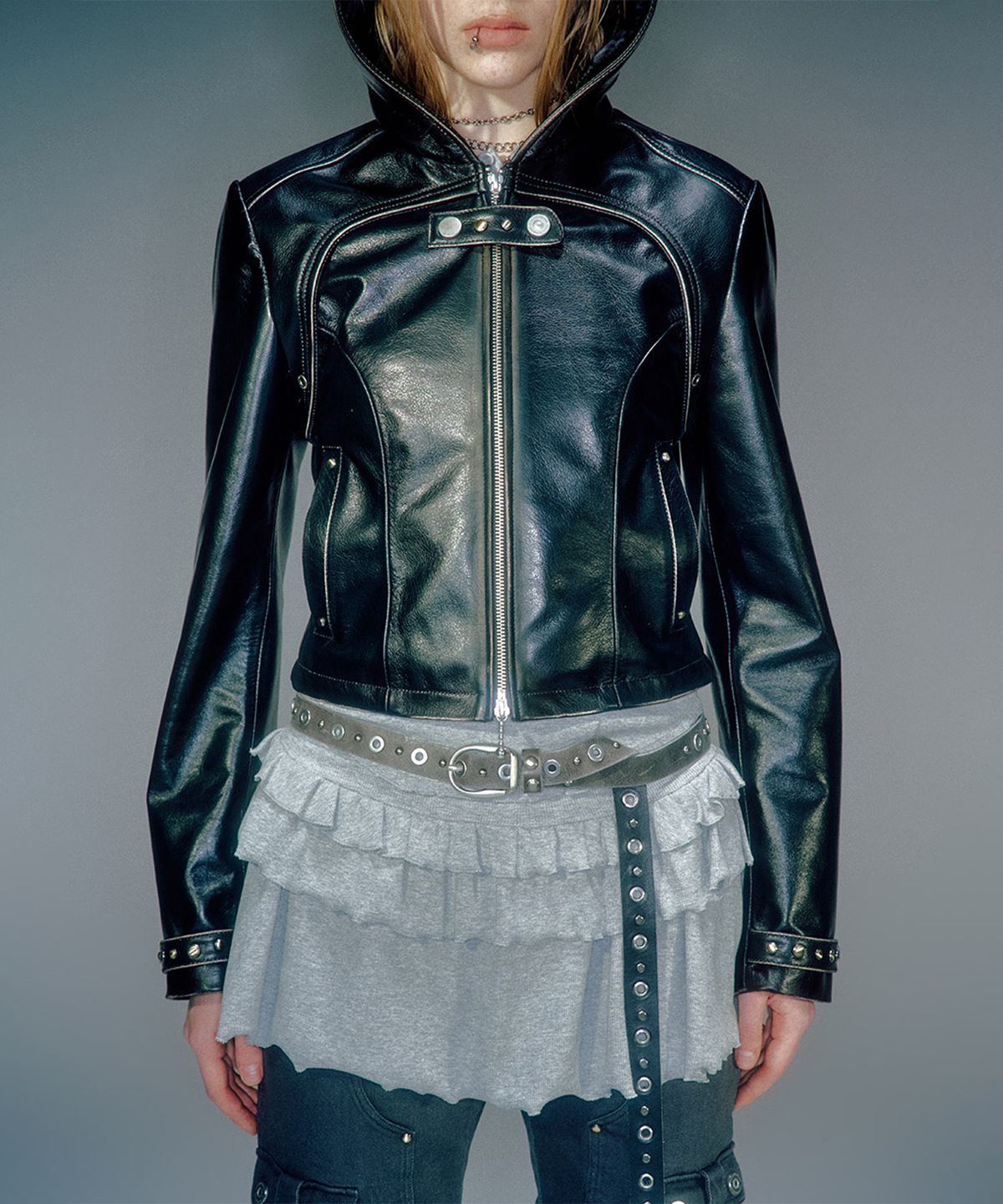 베이컨트 아카이브(VACANT ARCHIVE) HANCO LEATHER HOODIE JACKET BLACK