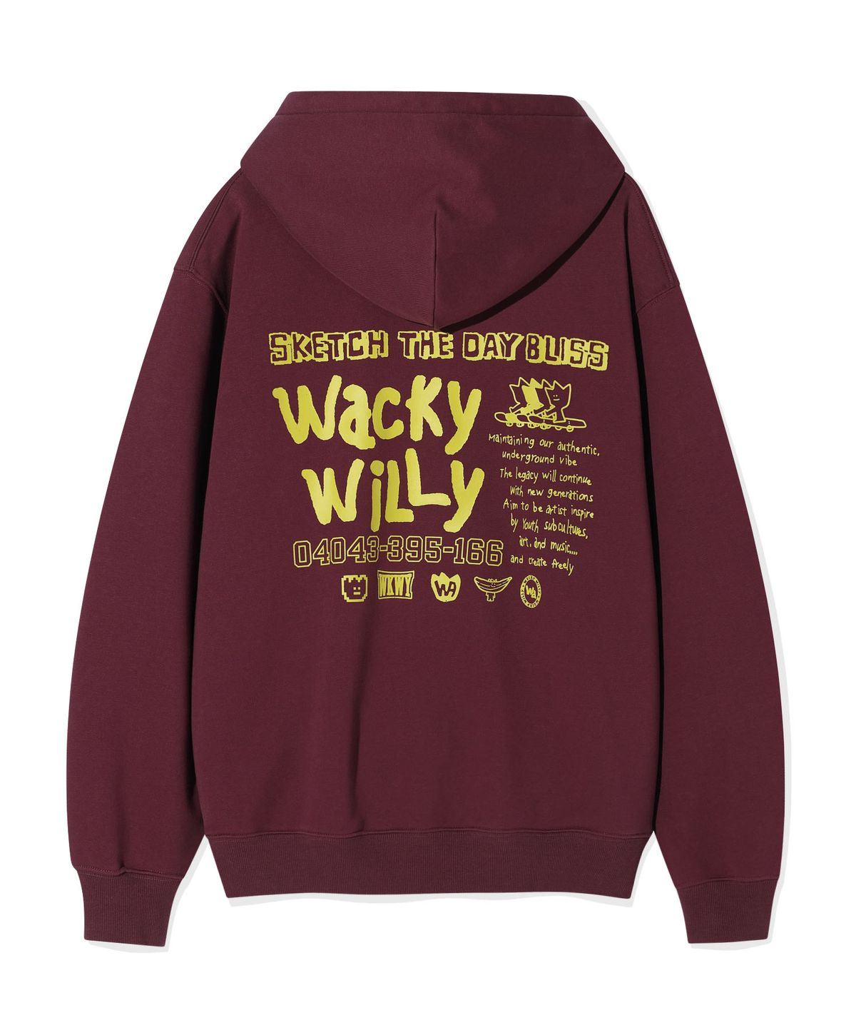 와키윌리(WACKY WILLY) 스케치 그래픽 후드 스웻 버건디