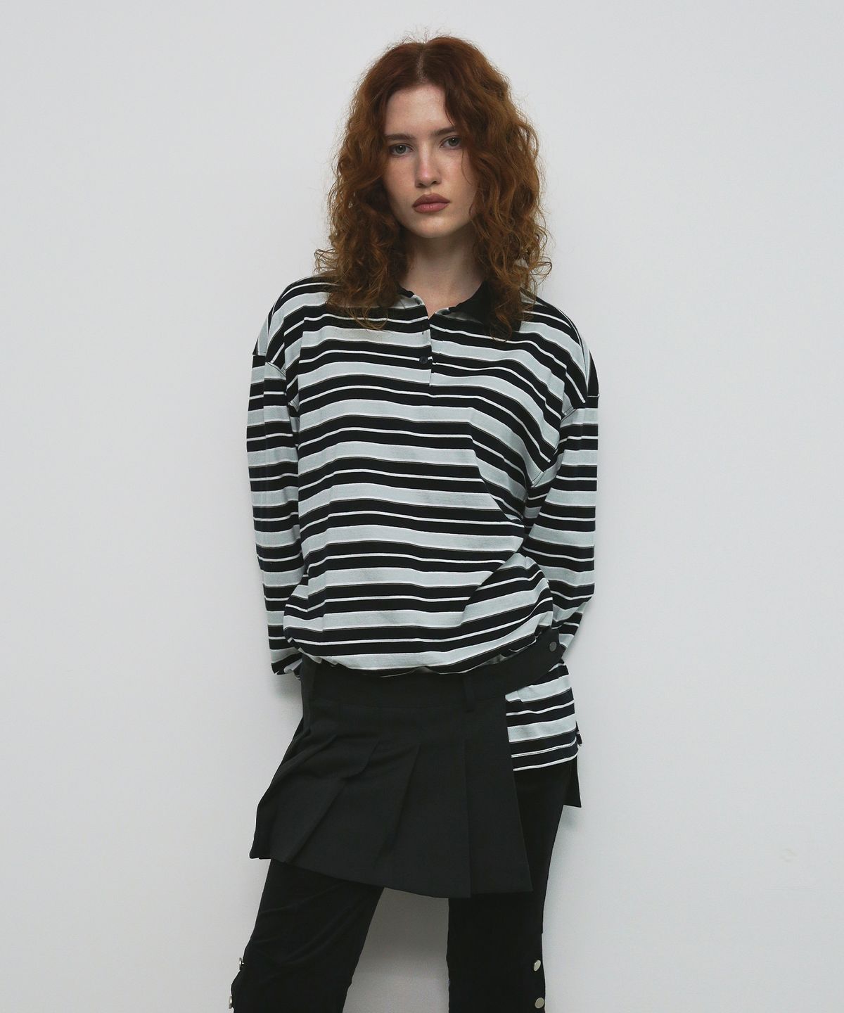 샌드릭(SANDRIC) STRIPE OVERFIT COLLAR T-SHIRT_BLACK