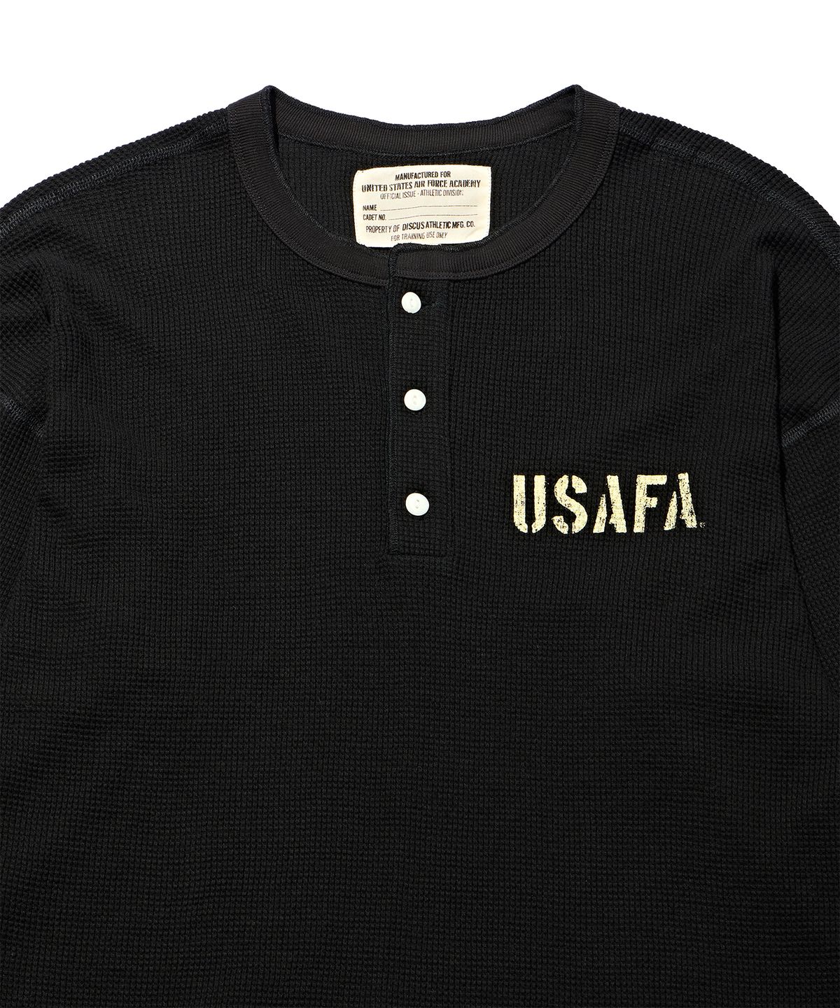 디스커스 애슬레틱(DISCUS ATHLETIC) USAFA 로고 와플 헨리넥 롱 슬리브 티셔츠 블랙