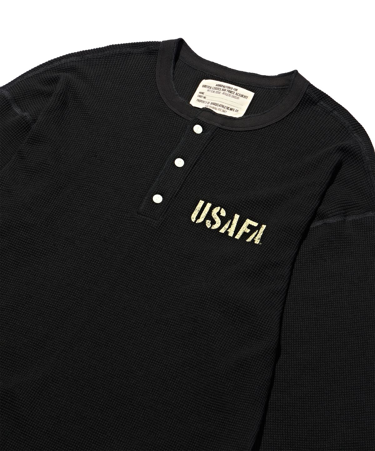 디스커스 애슬레틱(DISCUS ATHLETIC) USAFA 로고 와플 헨리넥 롱 슬리브 티셔츠 블랙