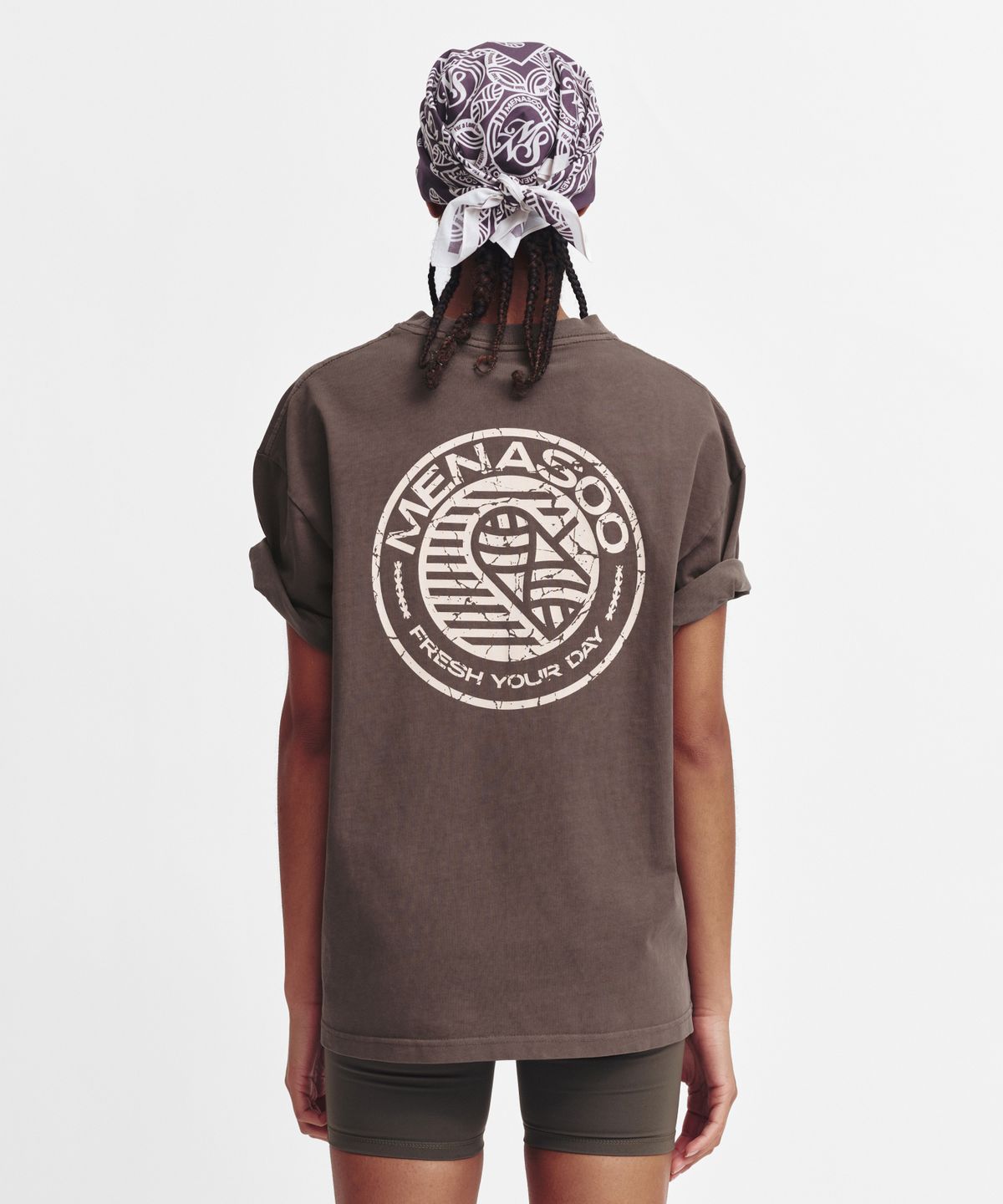 미나수(MENASOO) 275g Heavy Cotton Circle Hearttrack Pigment T Shirt_Brown