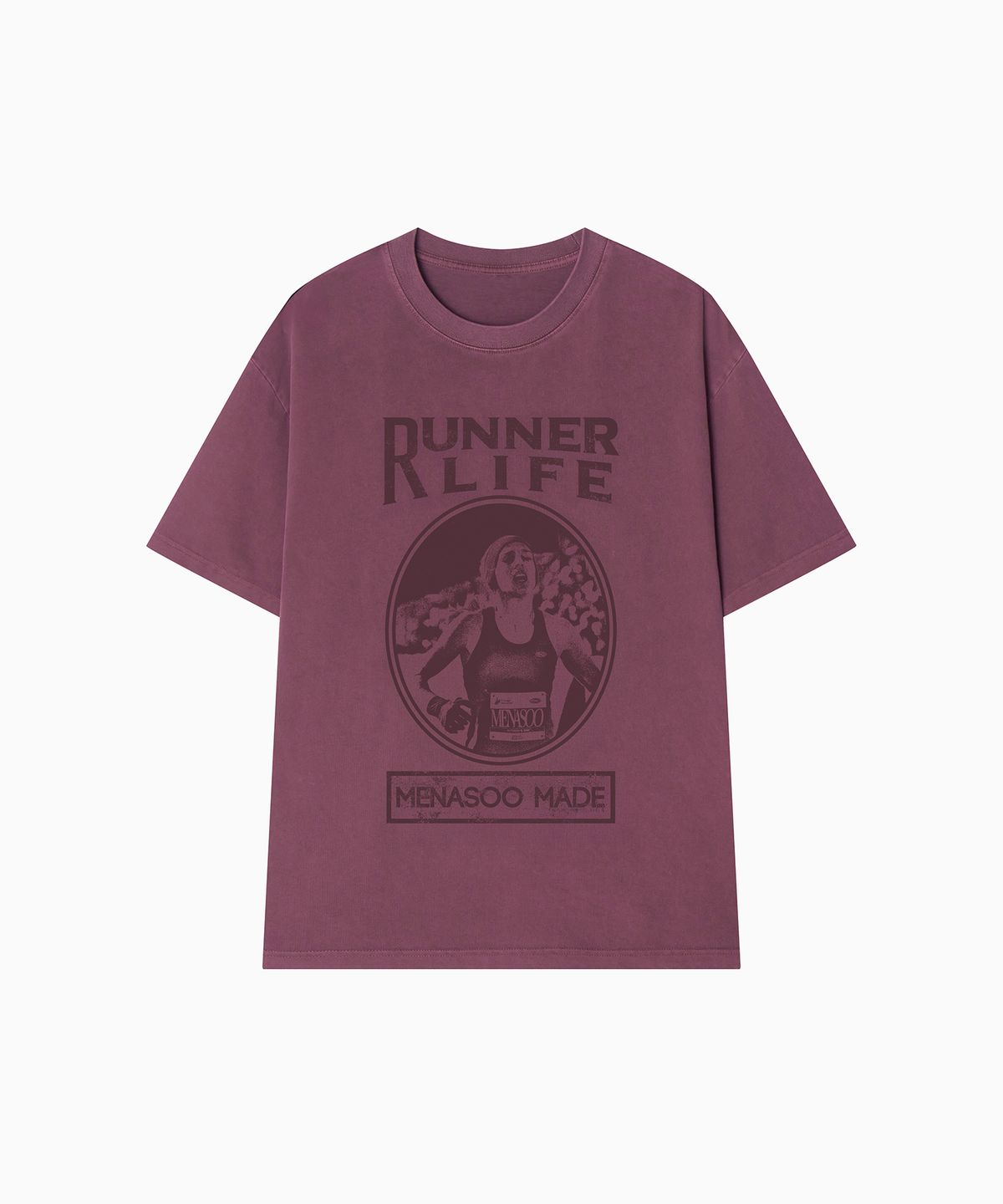 미나수(MENASOO) 275g Heavy Cotton Runner Graffiti Pigment T Shirt_Burgundy