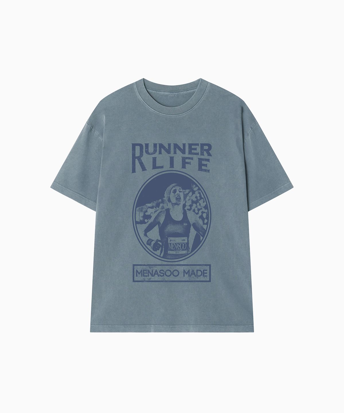 미나수(MENASOO) 275g Heavy Cotton Runner Graffiti Pigment T Shirt_Blue