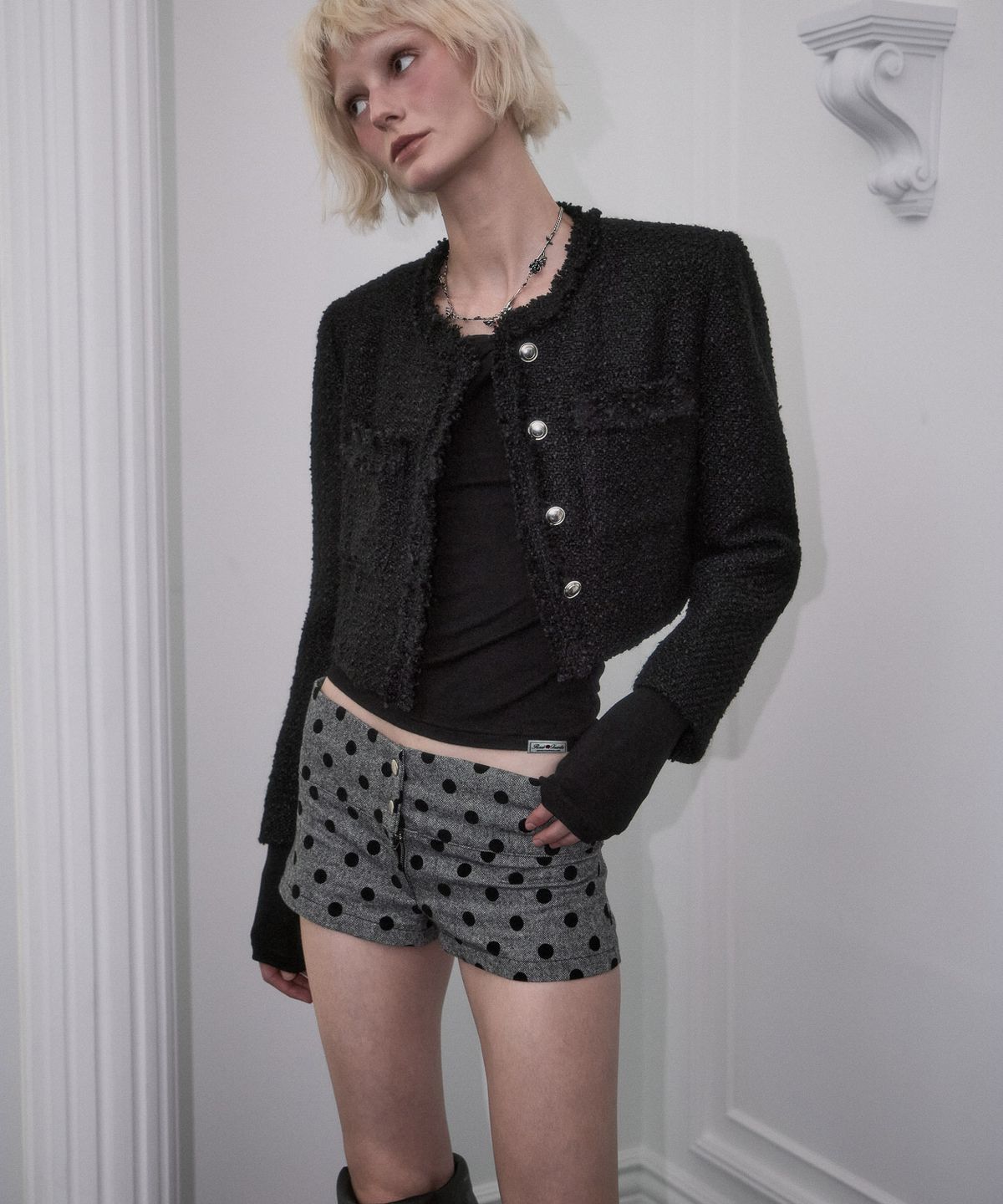 로제프란츠(ROSEFRANTZ) Fringe Crop Tweed Jacket [Black]