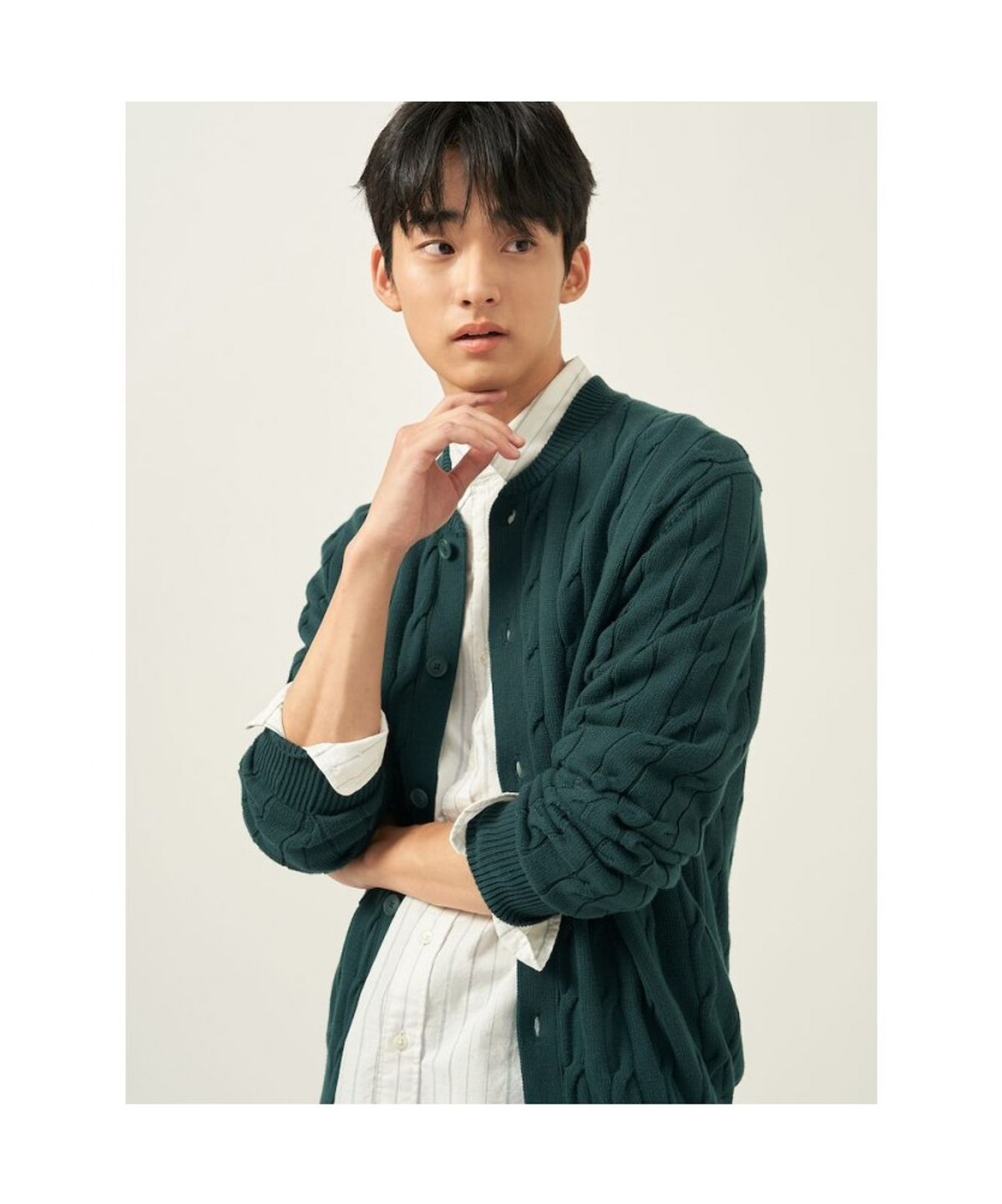빈폴 멘(BEANPOLE MEN) 코튼 케이블 라운드 카디건  그린