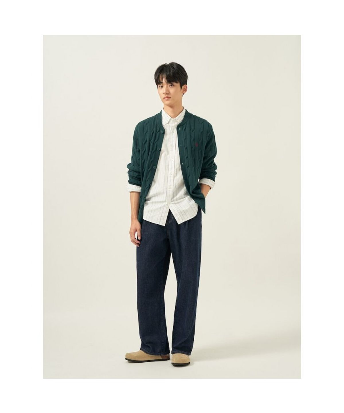 빈폴 멘(BEANPOLE MEN) 코튼 케이블 라운드 카디건  그린