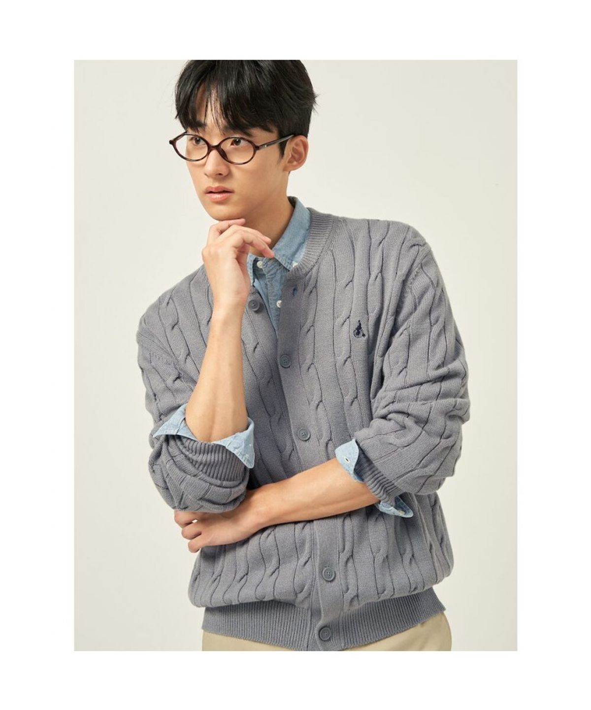 빈폴 멘(BEANPOLE MEN) 코튼 케이블 라운드 카디건  그레이