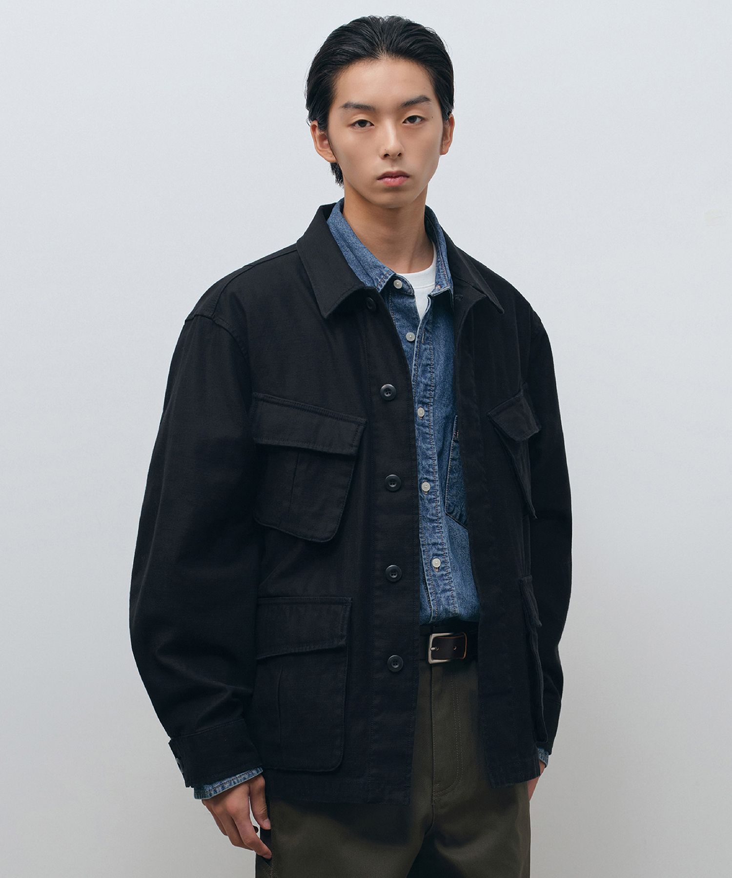 MUSINSA | MUSINSA STANDARD White Satin Jungle Fatigue Jacket [Black]