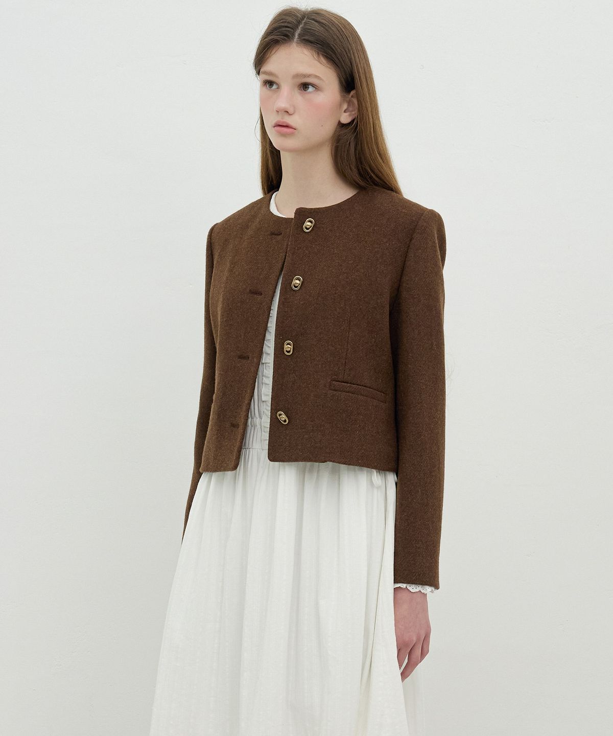 올리브 데 올리브(OLIVE DES OLIVE) 라운드넥 테이프 배색 트위드 울 자켓 OW5XJ8890