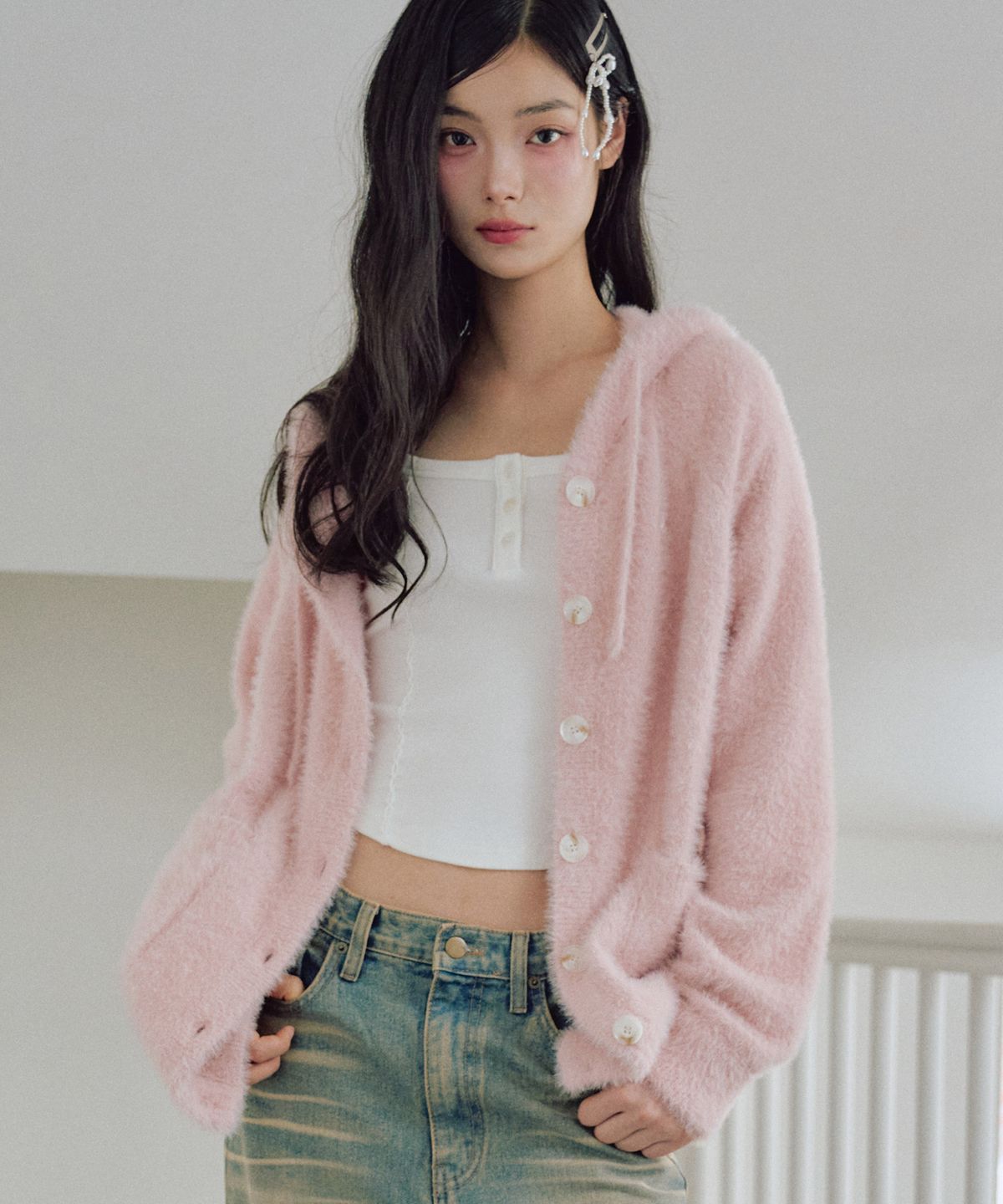 제로플래닛(ZEROPLANET) 엘라 헤어리 후드 가디건 [PINK]