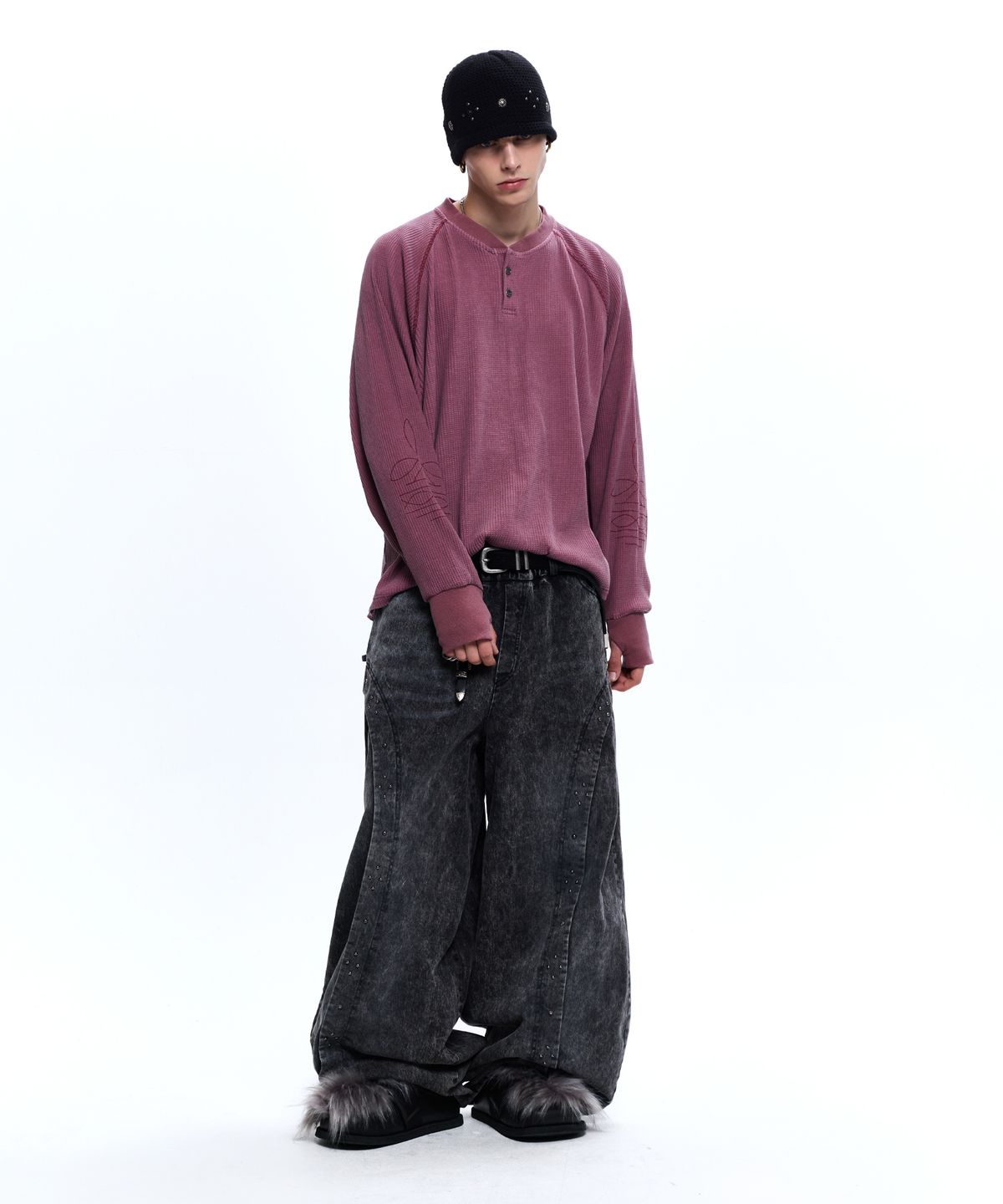 알에스에스씨(RSSC) WASHING WAFFLE HENLEY NECK LONG SLEEVE - WINE