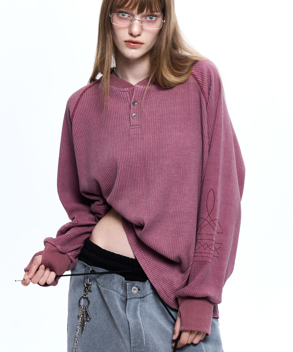 알에스에스씨(RSSC) WASHING WAFFLE HENLEY NECK LONG SLEEVE - WINE