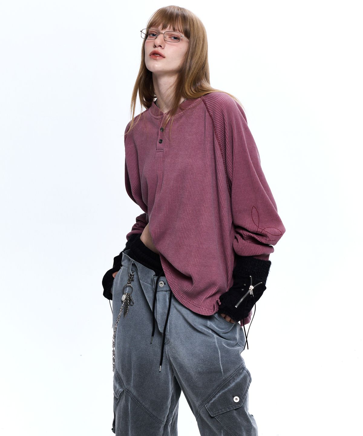 알에스에스씨(RSSC) WASHING WAFFLE HENLEY NECK LONG SLEEVE - WINE