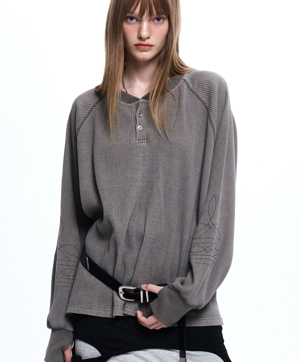 알에스에스씨(RSSC) WASHING WAFFLE HENLEY NECK LONG SLEEVE - ASH GRAY