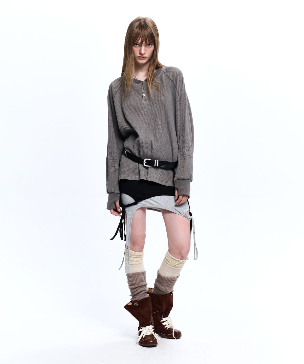 알에스에스씨(RSSC) WASHING WAFFLE HENLEY NECK LONG SLEEVE - ASH GRAY