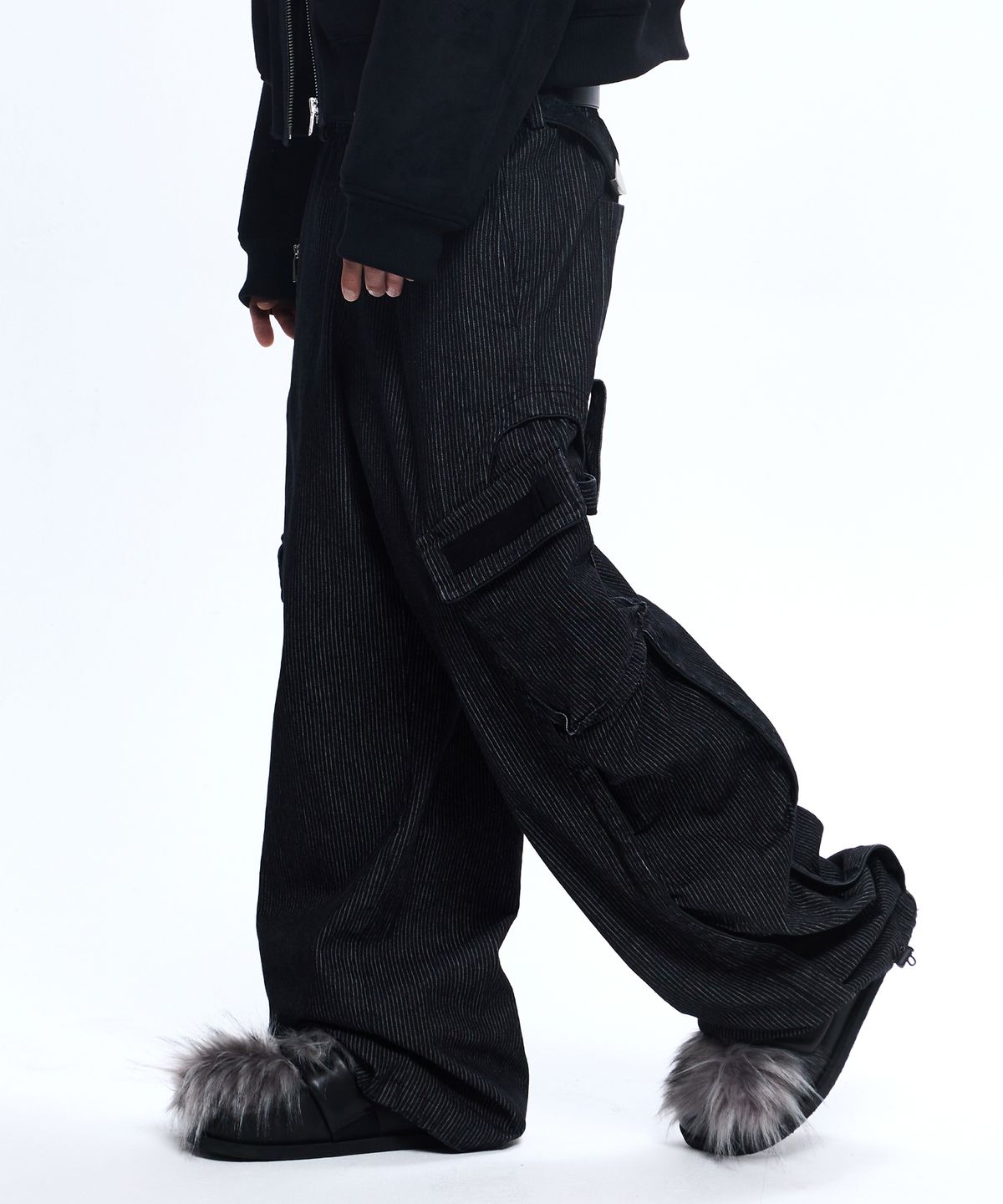 알에스에스씨(RSSC) WRINKLE MIXED STRIPE CARPENTER DENIM PANTS - BLACK