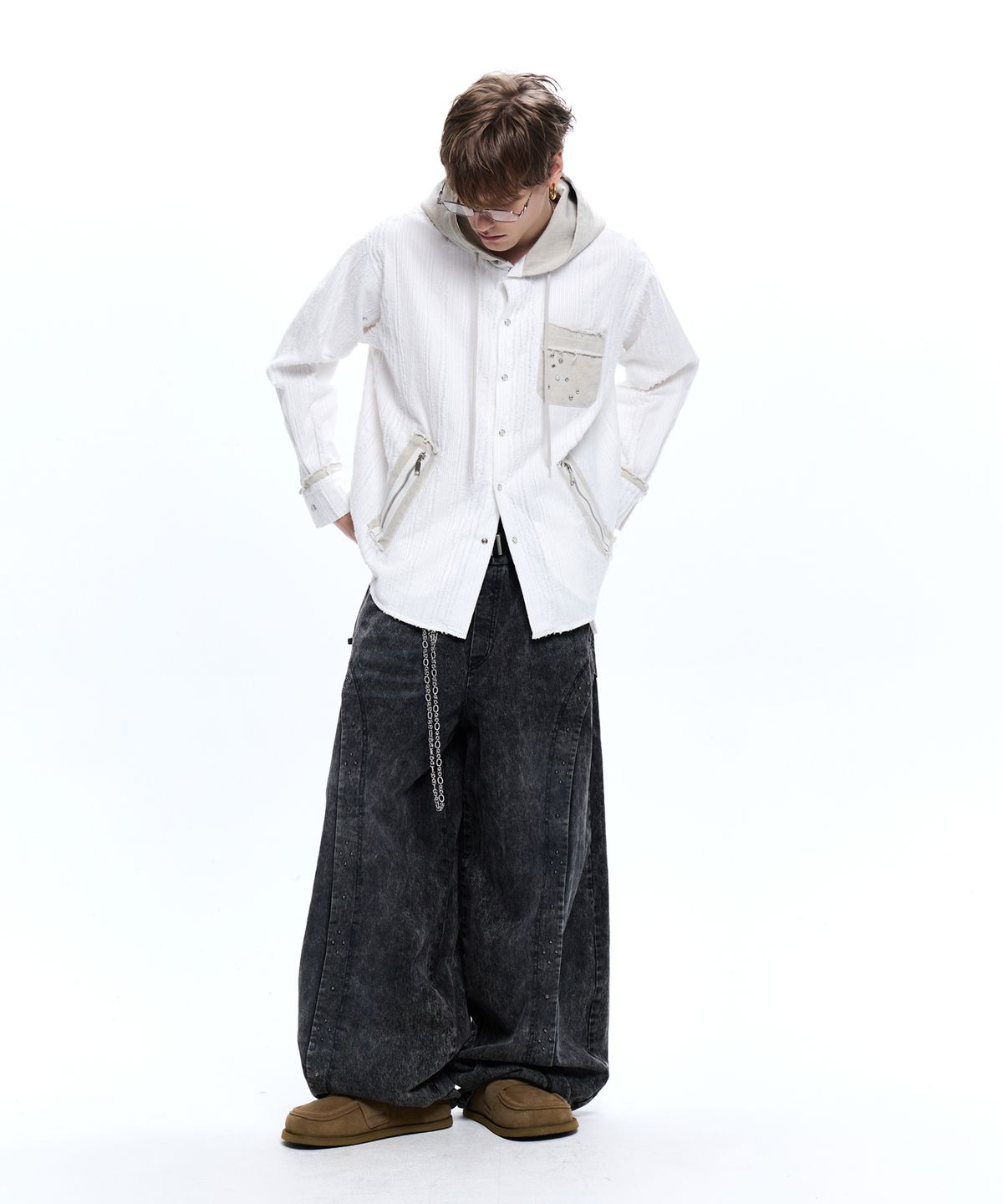 알에스에스씨(RSSC) DENIM MIXED TRIMMING JACQUARD HOOD SHIRT - WHITE