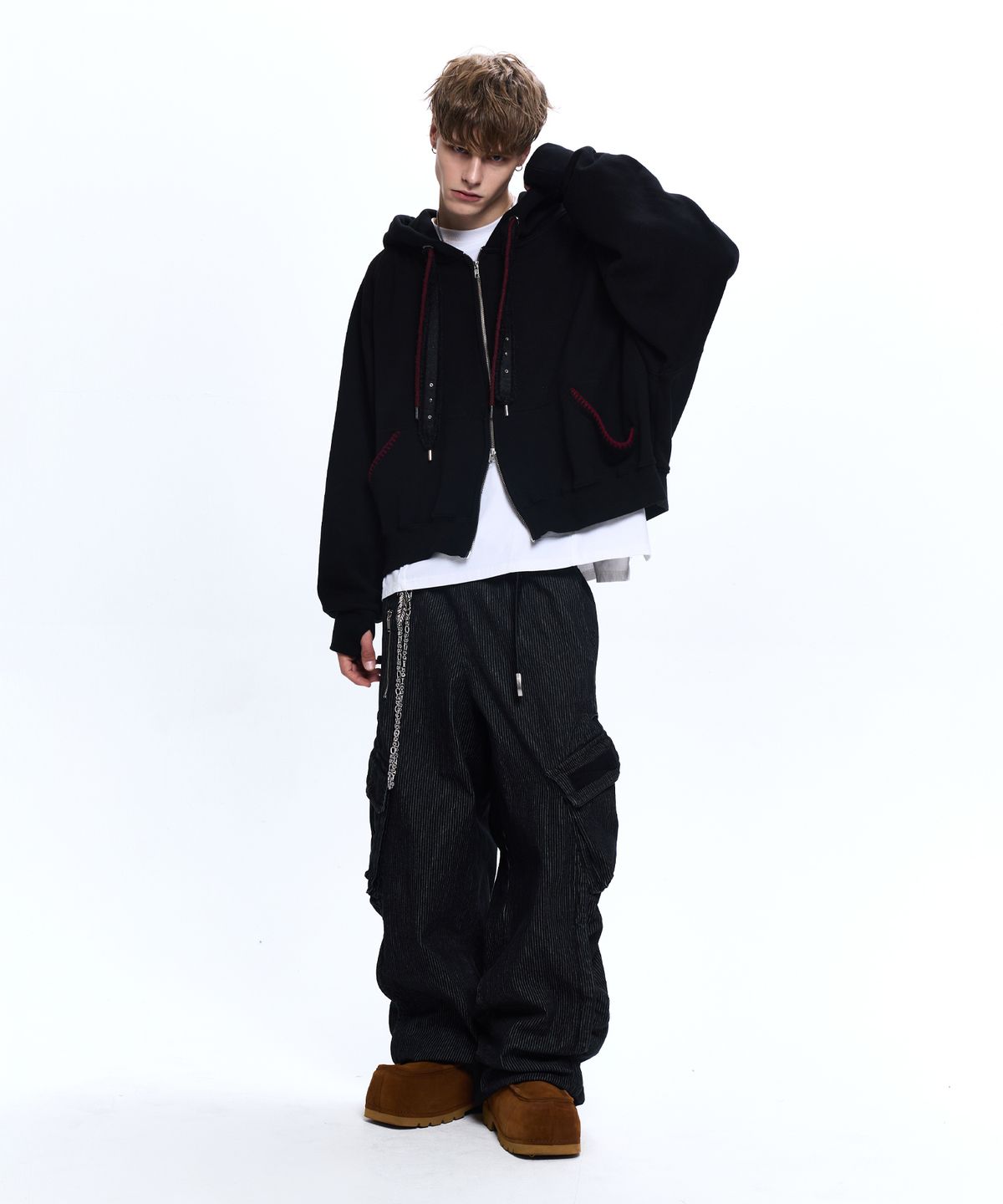 알에스에스씨(RSSC) DENIM STRAP CROP HOOD ZIPUP - BLACK