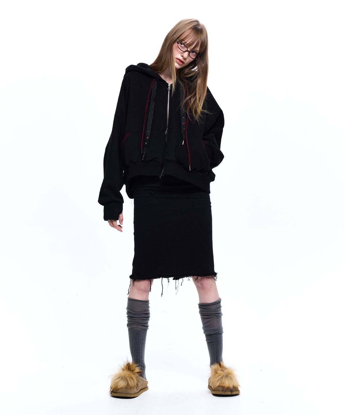 알에스에스씨(RSSC) DENIM STRAP CROP HOOD ZIPUP - BLACK