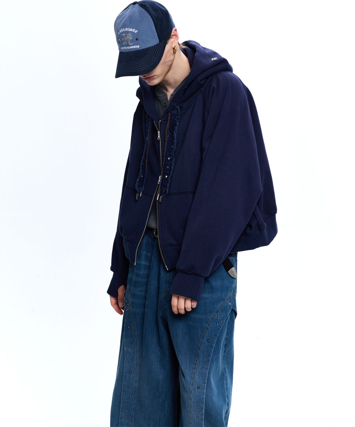 알에스에스씨(RSSC) DENIM STRAP CROP HOOD ZIPUP - NAVY