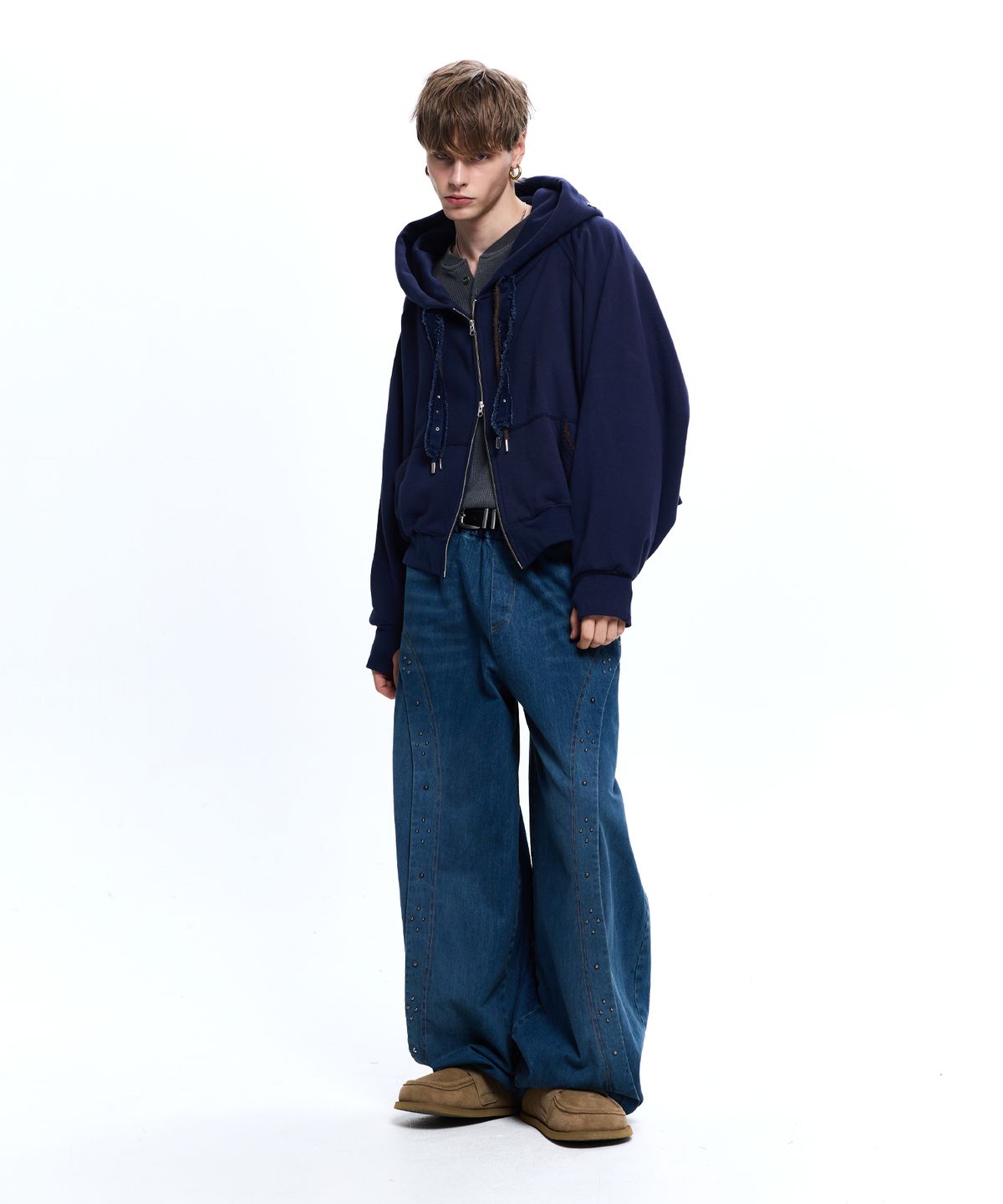 알에스에스씨(RSSC) DENIM STRAP CROP HOOD ZIPUP - NAVY