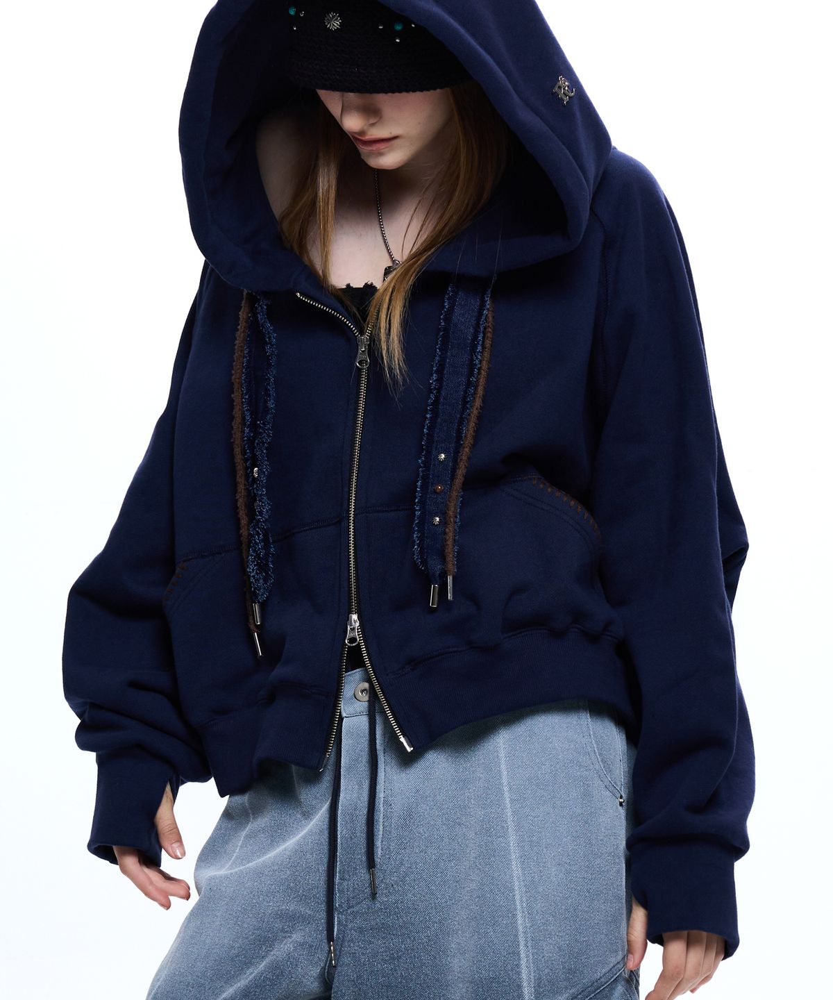 알에스에스씨(RSSC) DENIM STRAP CROP HOOD ZIPUP - NAVY