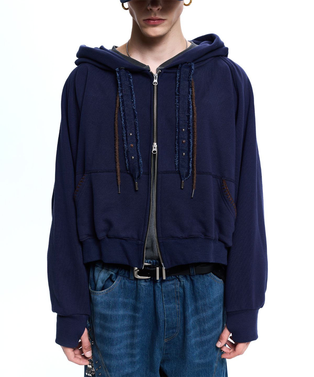 알에스에스씨(RSSC) DENIM STRAP CROP HOOD ZIPUP - NAVY