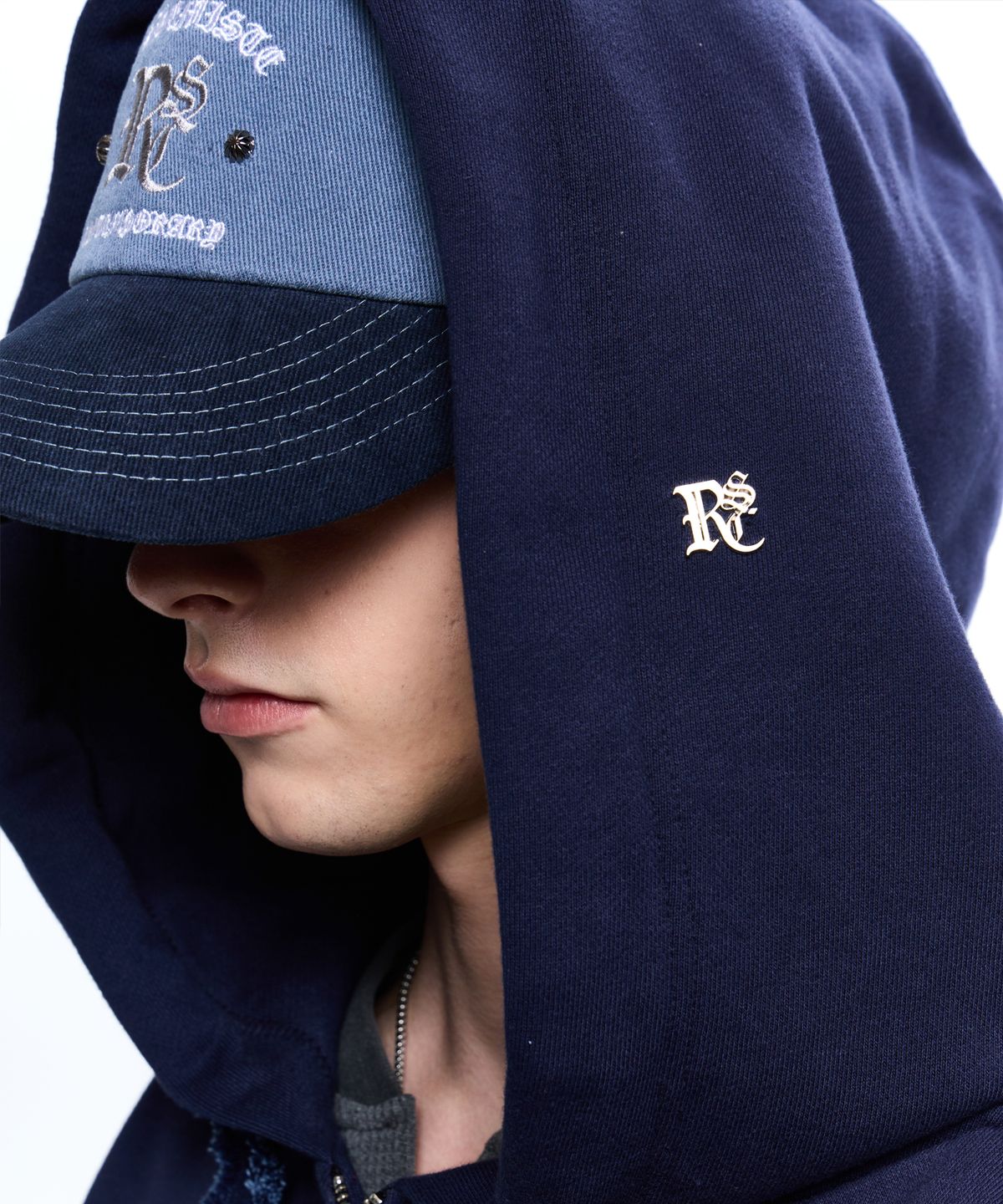 알에스에스씨(RSSC) DENIM STRAP CROP HOOD ZIPUP - NAVY
