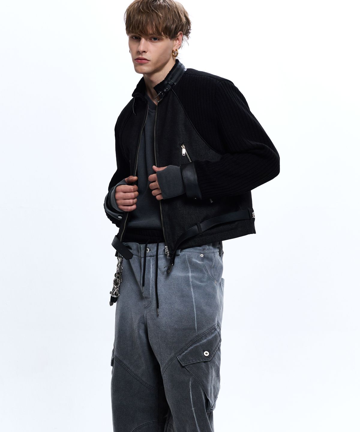 알에스에스씨(RSSC) KNIT & DENIM BELTED BIKER JACKET - BLACK