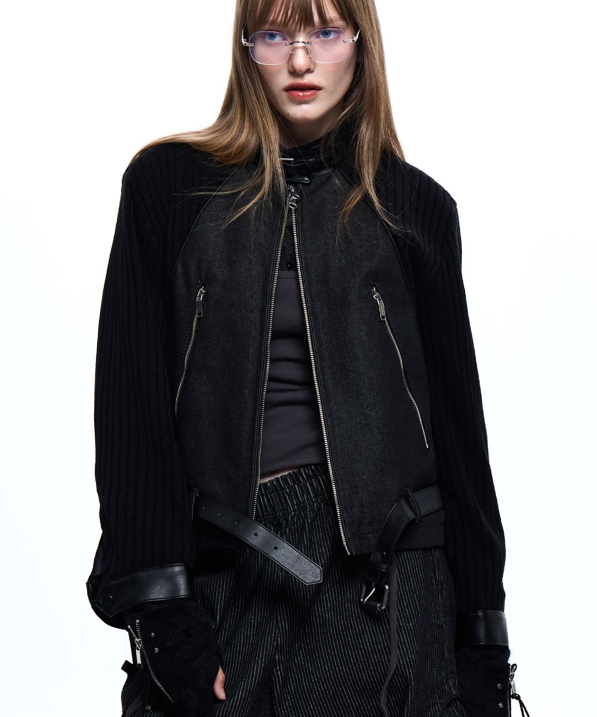 알에스에스씨(RSSC) KNIT & DENIM BELTED BIKER JACKET - BLACK