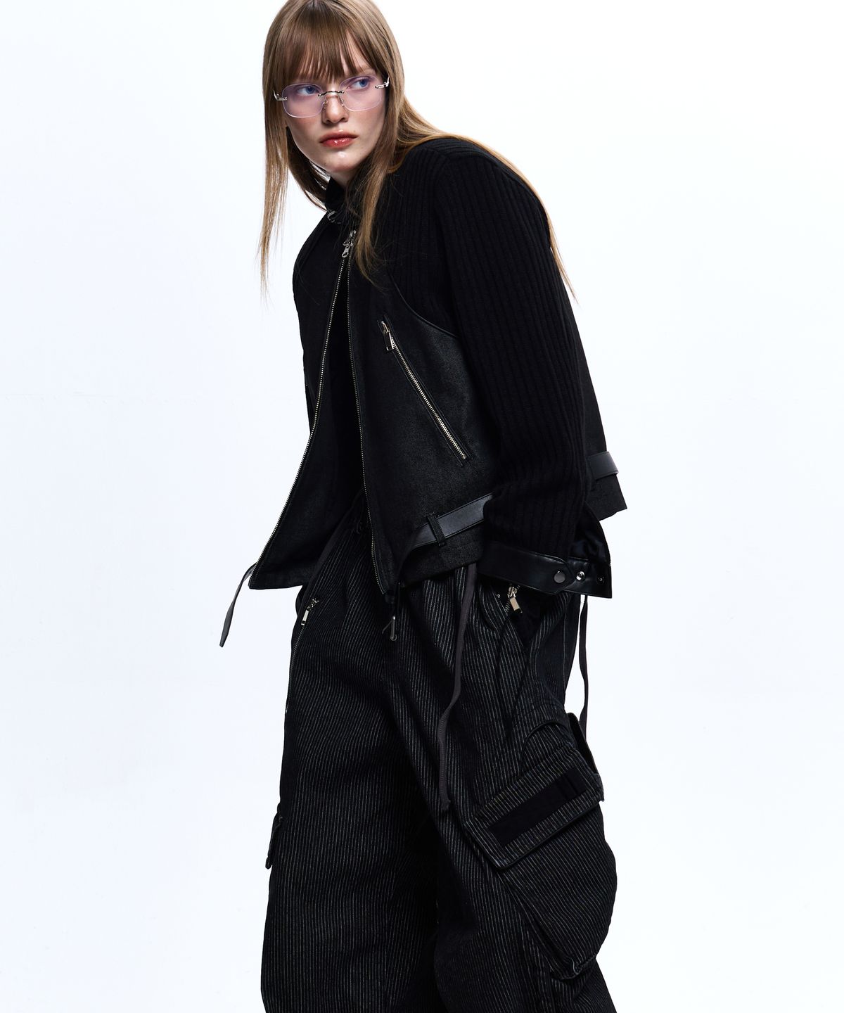 알에스에스씨(RSSC) KNIT & DENIM BELTED BIKER JACKET - BLACK